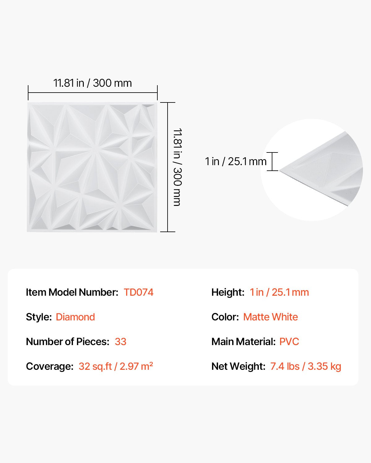 3D Wall Panels, 33-Pack 11.81 x 11.81 in PVC Modern Art Minimalist Diamond Tiles, 32 Sq.Ft Coverage Accent Wall Panel, Interior Home Decor for Ceiling, Bedroom, Living & Gaming Room, Matte White