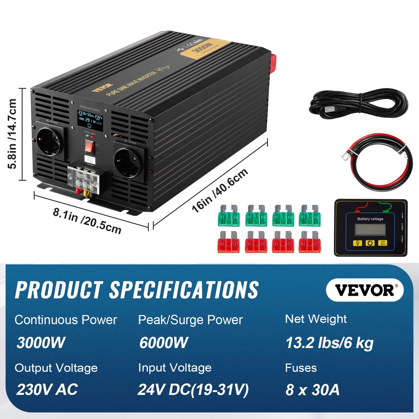 Pure Sine Wave Inverter, 3000 Watt, DC 24V to AC 230V Power Inverter Car Inverter, with USB Port LCD Display Remote Controller and EU Outlets, for RV Truck Car Solar System Travel Camping