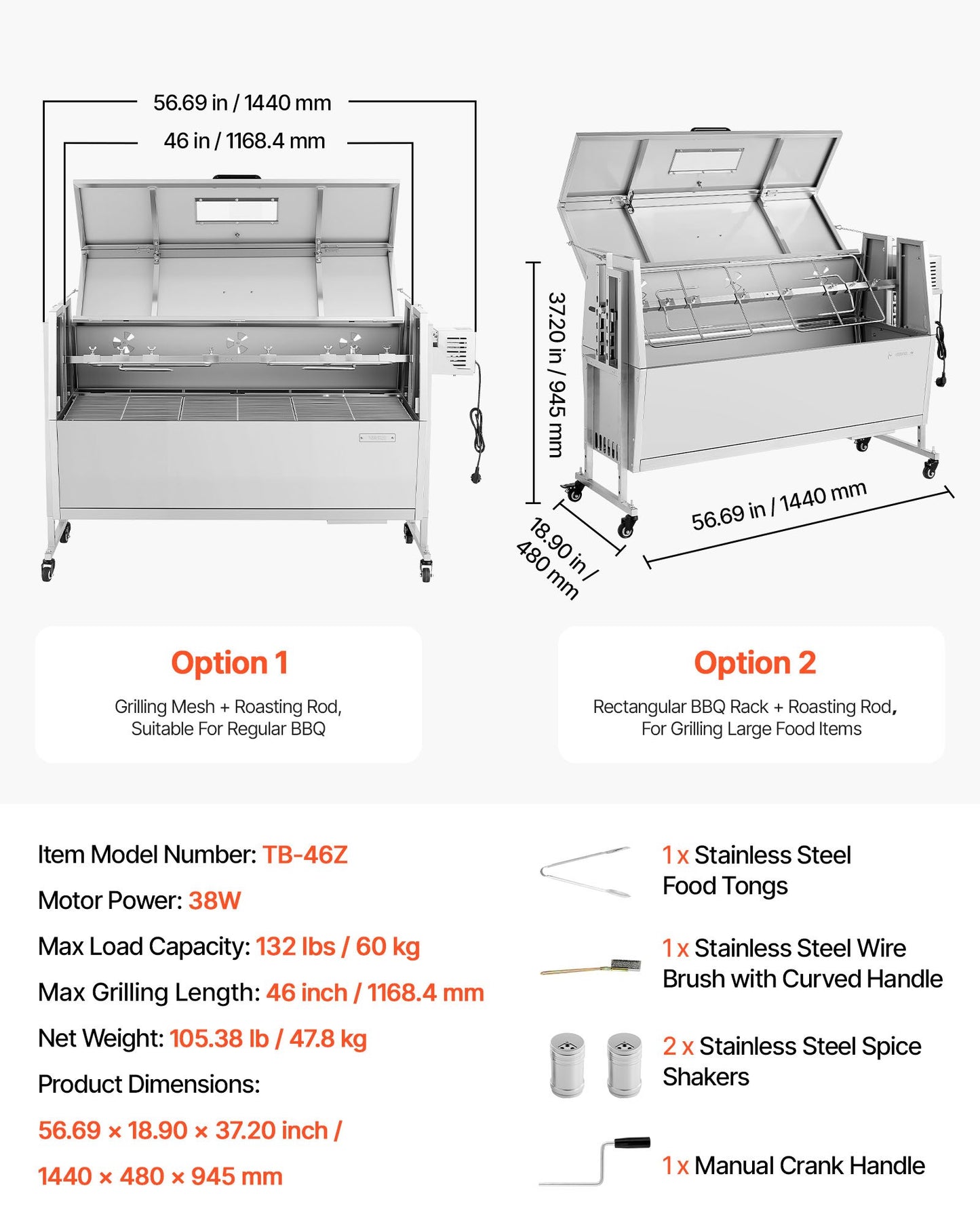 Rotisserie Grill, 38W BBQ Outdoor Pig & Lamb Spit Roaster, Charcoal Spit Roaster with 60 kg Capacity, Wheels & 4-Level Height, Stainless Steel Electric Rotisserie Grill Kit for Camping Outdoor