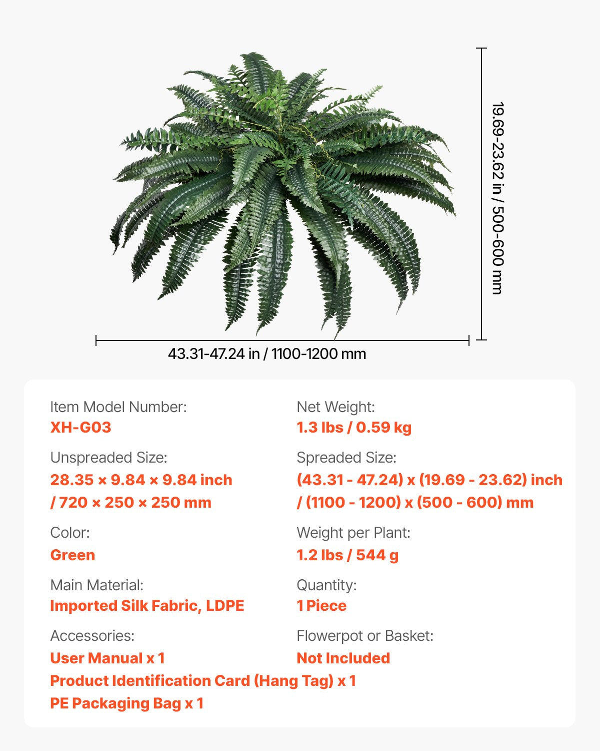 Konstgjorda ormbunkar, naturlig spridning diameter 43-47 tum, stora hängande konstgjorda Boston-ormbunkar, konstgjord väggdekoration med 88 grenar, konstgjord ormbunke för hemmakontor och utomhusbruk (blomkruka ingår ej)