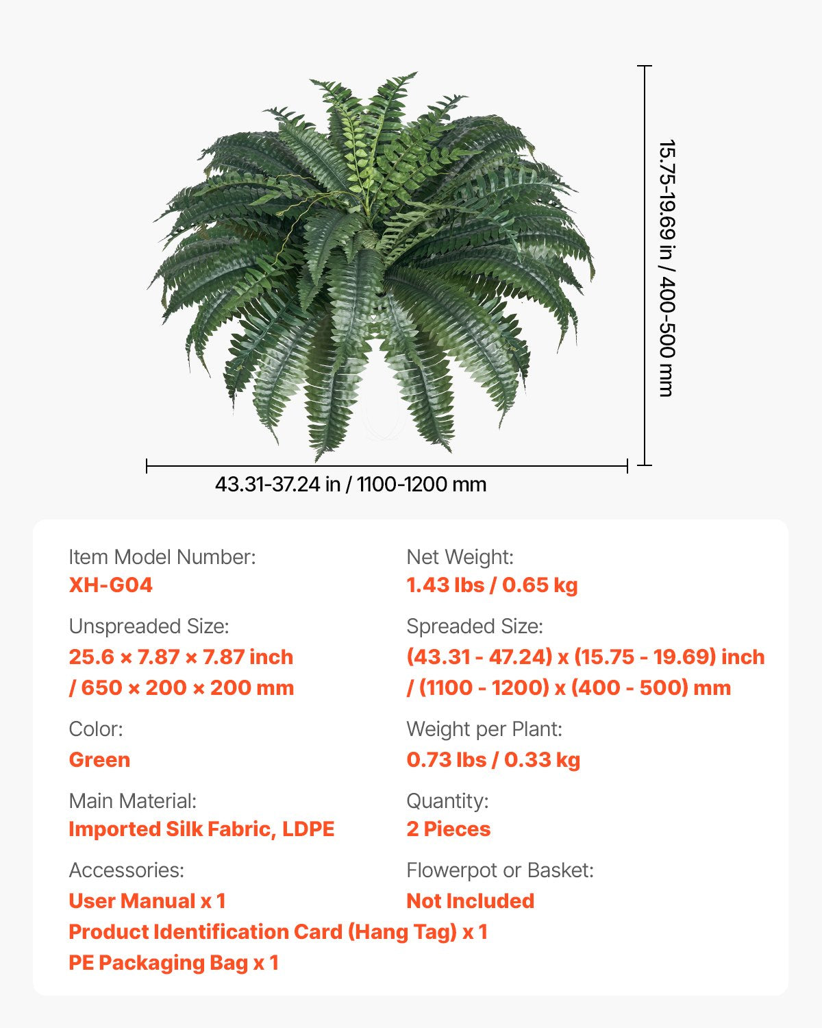 Artificial Ferns 2 Pcs, Natural Spread Diameter 43-47 Inch, Large Hanging Artificial Boston Ferns, Fake Plant Wall Decor with 50 Branches, Faux Fern for Home and Office (Flowerpot Unincluded)