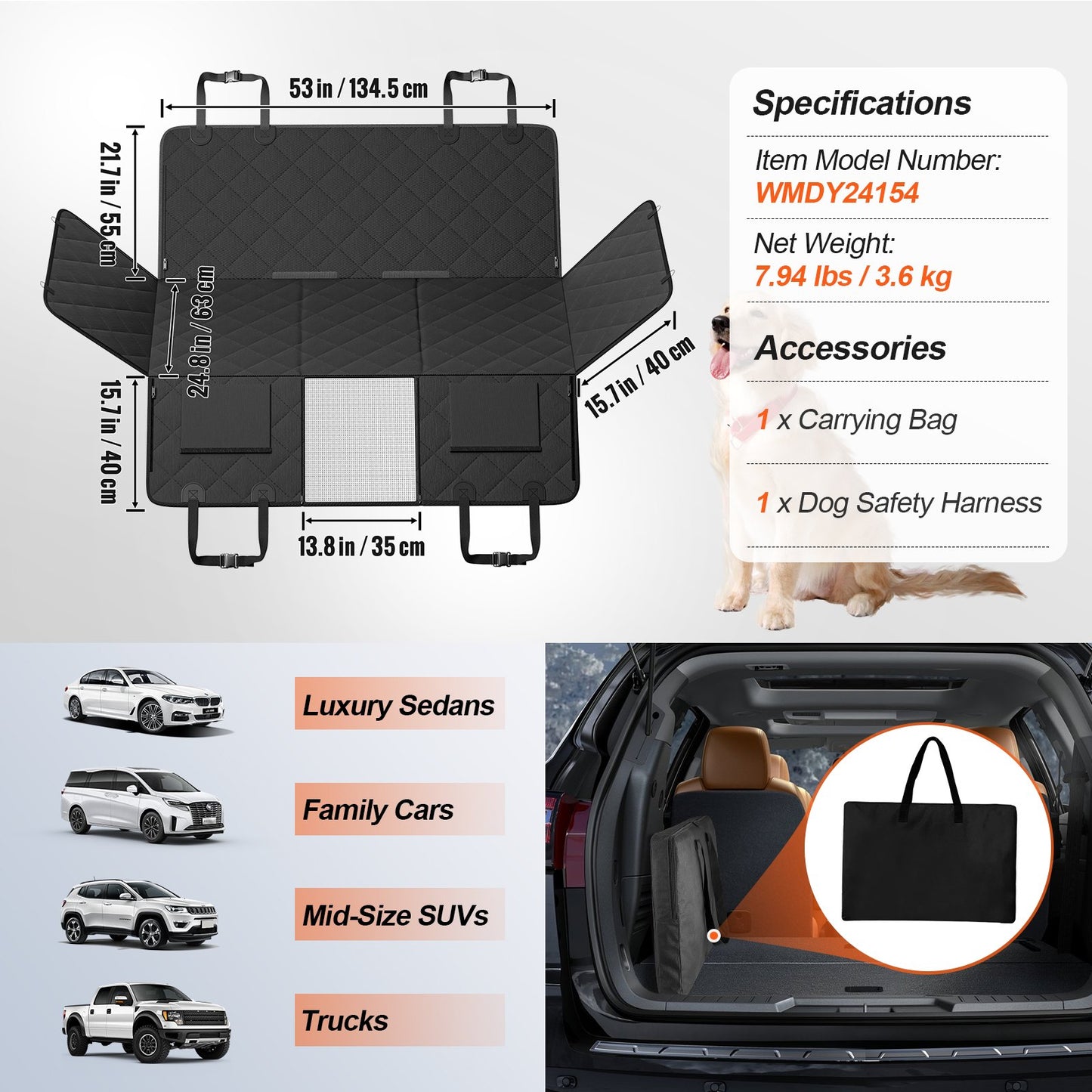 Back Seat Extender for Dogs,Dog Hammock for Car Back seat, Dog Car Seat Cover with Hard Bottom Dog Car Seat Bed 53"x24.8" ,Supports 350lb with Mesh Window and Storage Pocket for Car, SUV,Truck