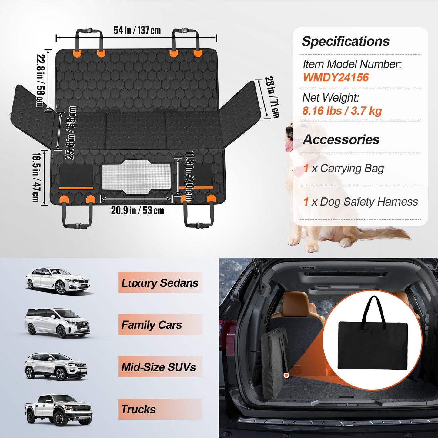 Back Seat Extender, Dog Car Seat Cover for Back Seat Bed with Mesh Window and Storage Pocket, Supports 350lbs Dog Hammock for Car Dog Car Bed 54"x25.6" for Car, SUV, Truck