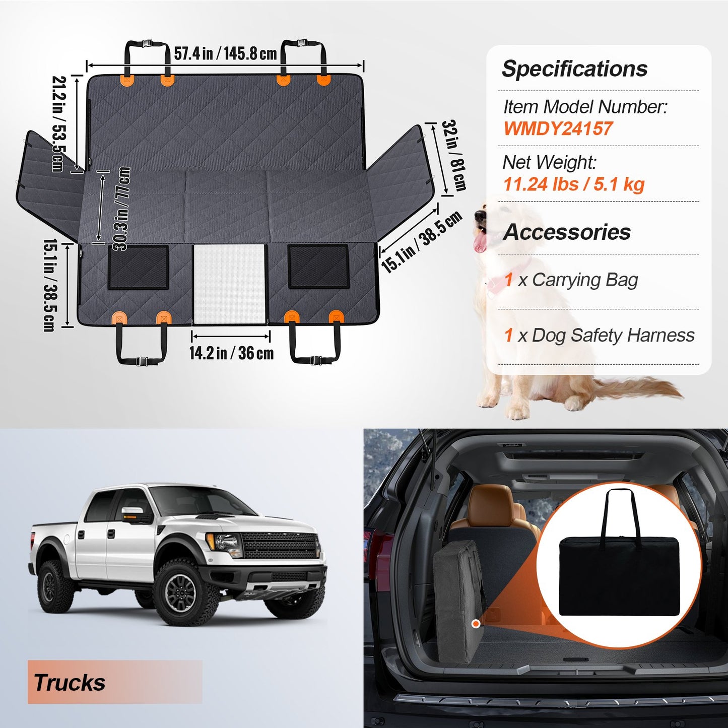Baksätesförlängare, hundskydd för baksätessäng med nätfönster och förvaringsficka, stöder 180 kg hundhängmatta för bil hundsäng 137 x 81 cm för lastbil