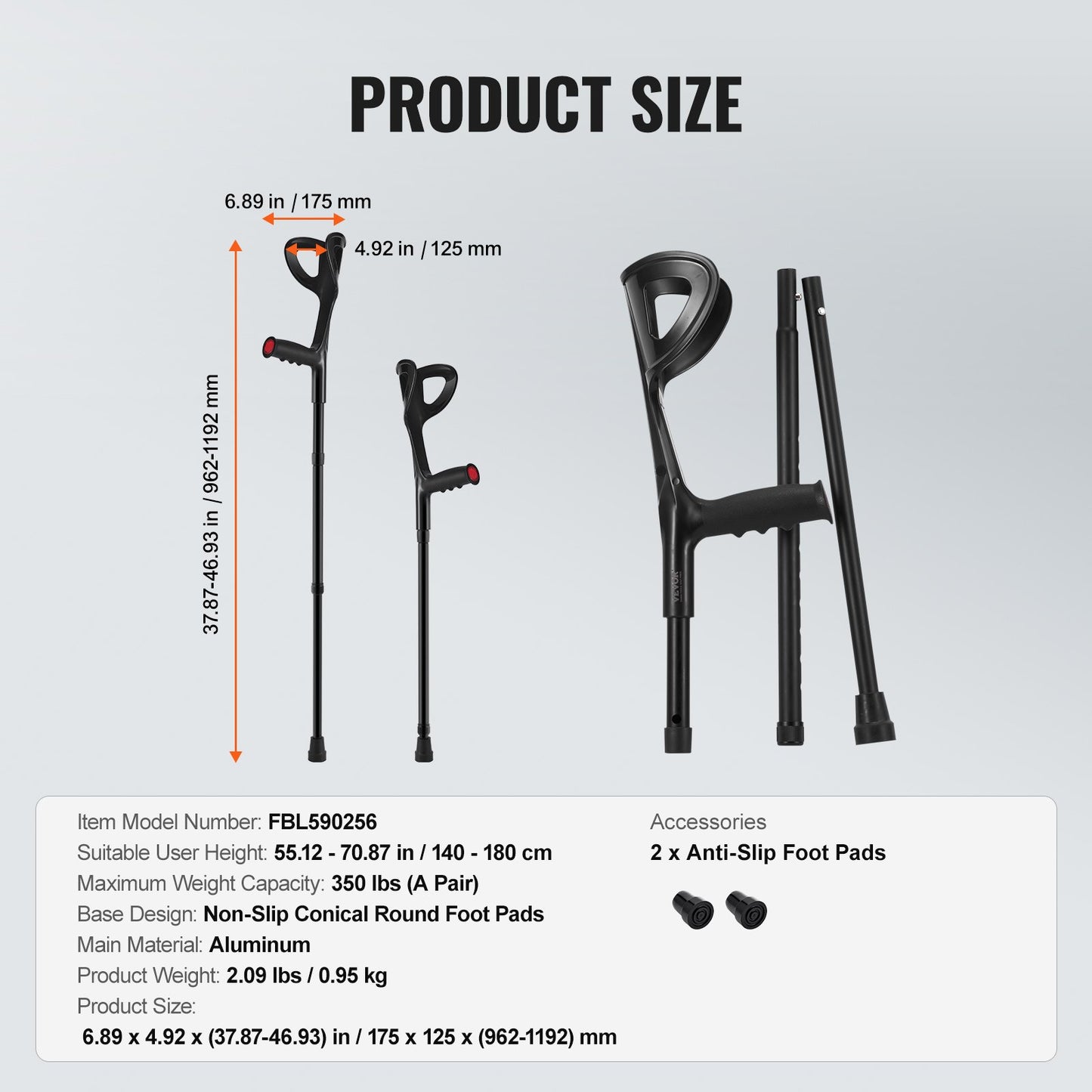 Forearm Crutches for Adults, Folding Walking Forearm Crutches with 10-Level Adjustable Height, Lightweight Aluminum Medical Crutches with Open Cuff for Leg Injury Surgery Disabled, 1 Pair 350LBS