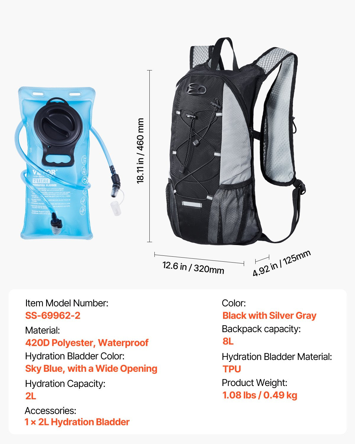 Hydration Backpack with 2L TPU Water Bladder, Hydration Pack Backpack, Lightweight Hiking Water Backpack for Men Women, Hydro Water Daypack for Hiking, Running, Cycling, Camping & Rave
