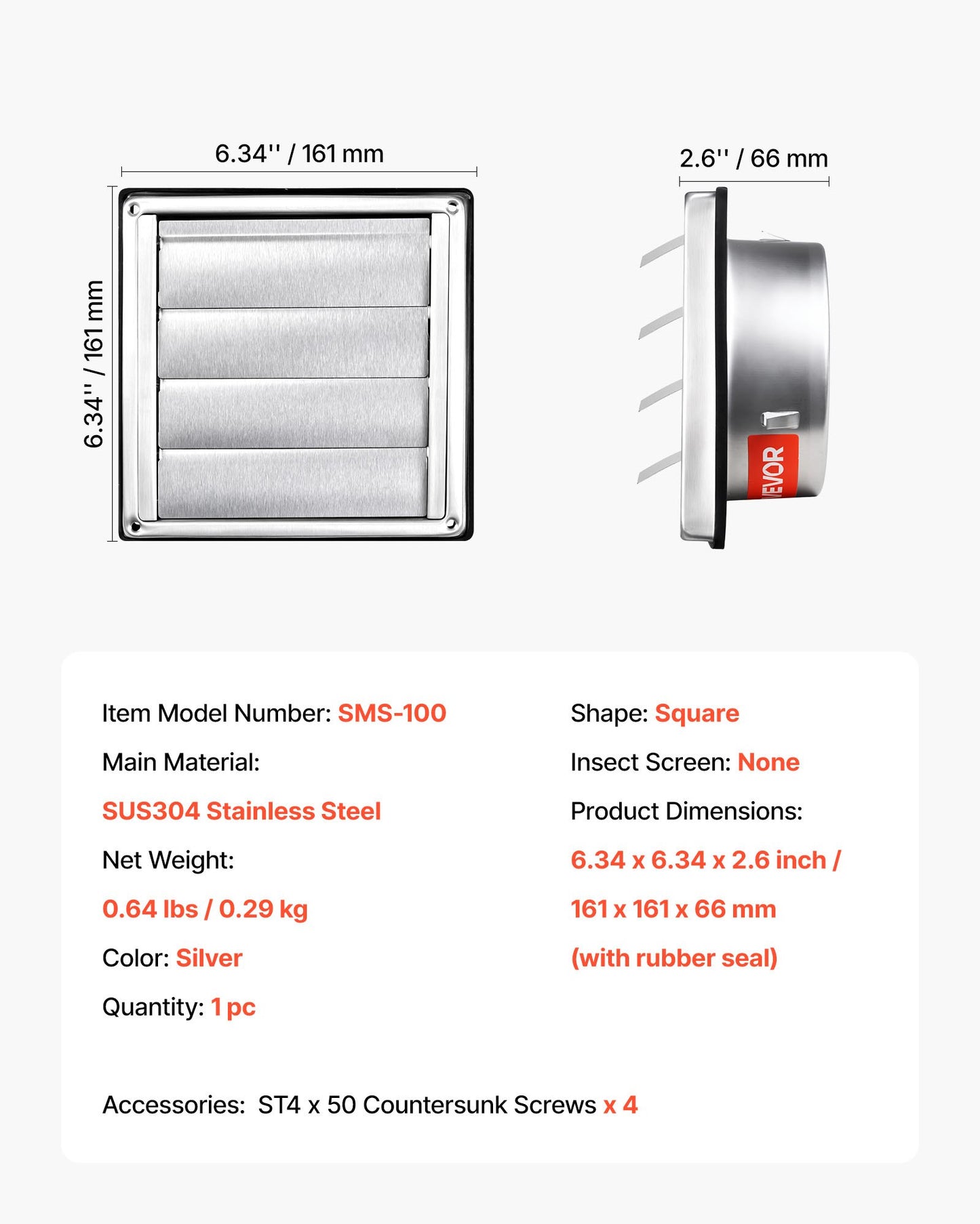 97mm Wall Vent Cover, Louvered Square AC Vent Gable Cover, Premium Stainless Steel & with Noise Reducing Rubber Gasket, for House,Bathroom,Garage,Kitchen,Basement (1 Pack, Silver)