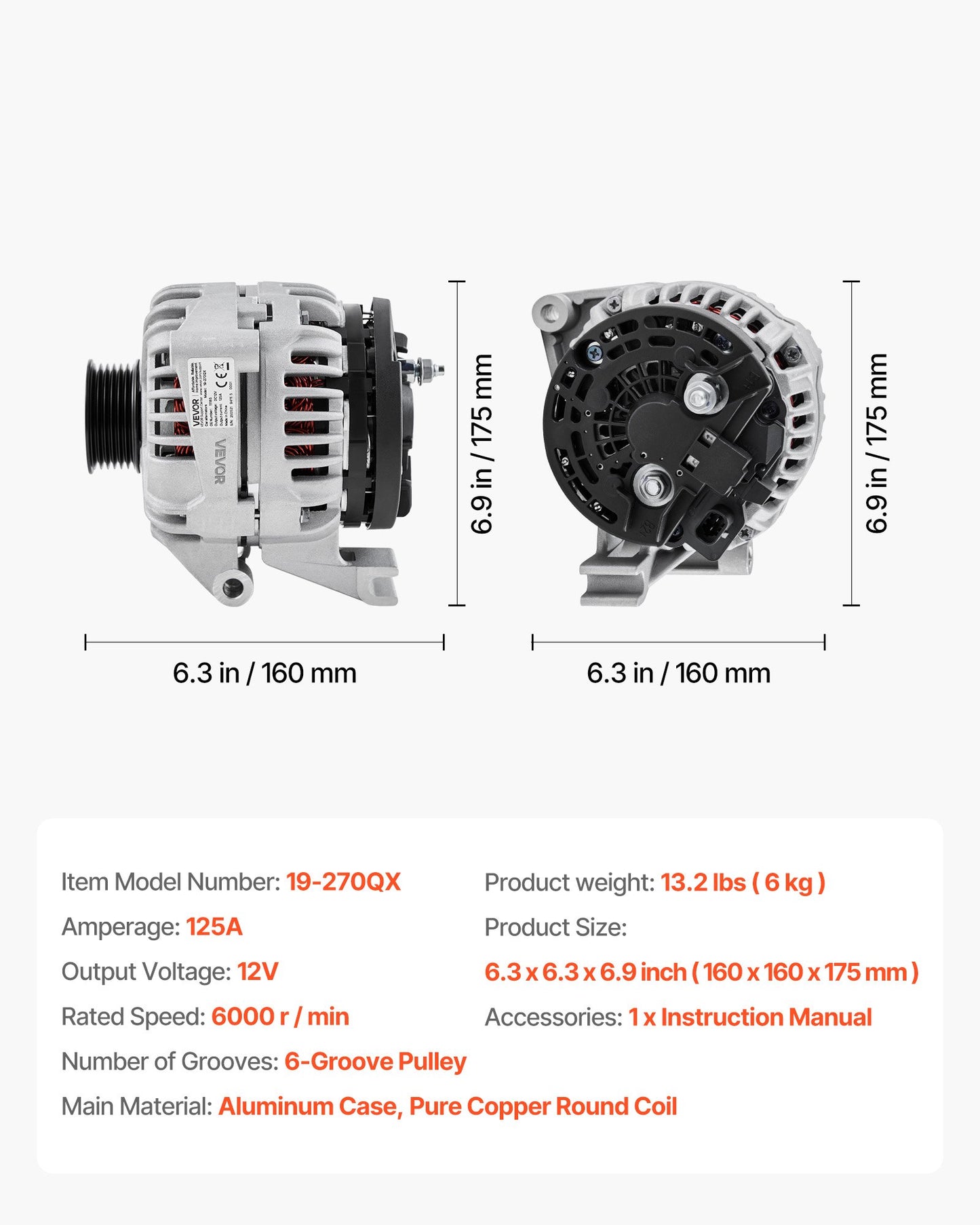 Bilgenerator 11185, Passar till Chevrolet Impala LS, LT 3.5L 2006-2011, Impala LTZ 3.9L 2009-2010, Monte Carlo V6 2006-2007, Bilreservgenerator 0124425102, 0124425032, 10335497