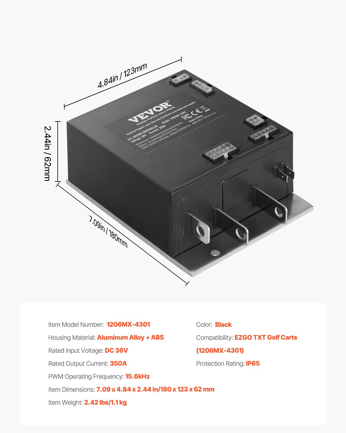 Golf Cart Speed Controller, 36V 350A, DC Motor Controller Replacement for 2000-2009 EZGO TXT Golf Carts, IP65 Rated Protection, Aluminum Alloy & ABS Housing, Compatible with 1206MX-4301 Models