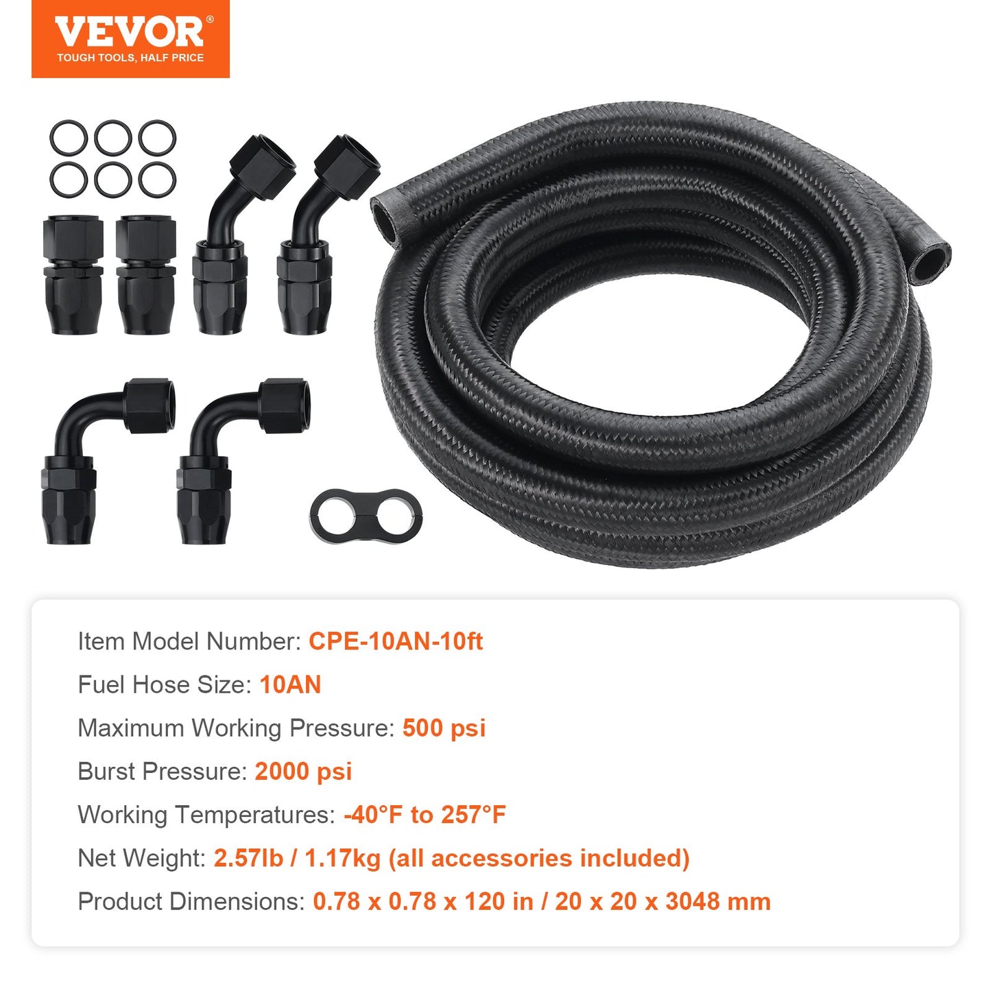 10AN Fuel Line Kit, 10 FT Fuel Hose Kit, 0.55" Nylon Stainless Steel Braided Fuel Line Oil/Gas/Diesel Hose End Fitting Kit, with 7 PCS Swivel Fitting Adapter Kit, Black
