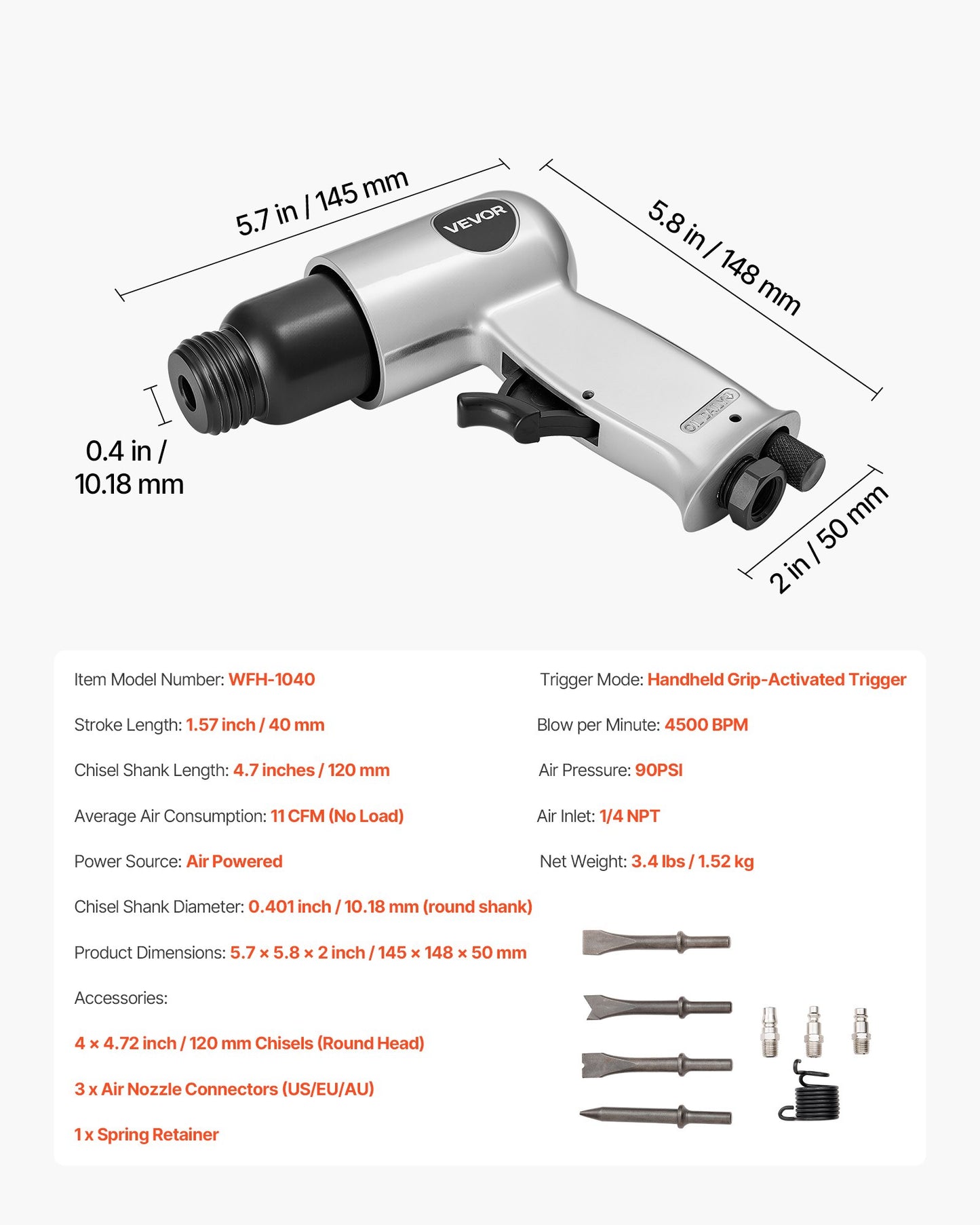 Air Hammer, 4500BPM Pneumatic Hammer with 40mm Stroke & 4PCS Chisels Round Shank, Lightweight & Compact Air Chisel Pneumatic Shovel Tool for Cutting Punching Scraping