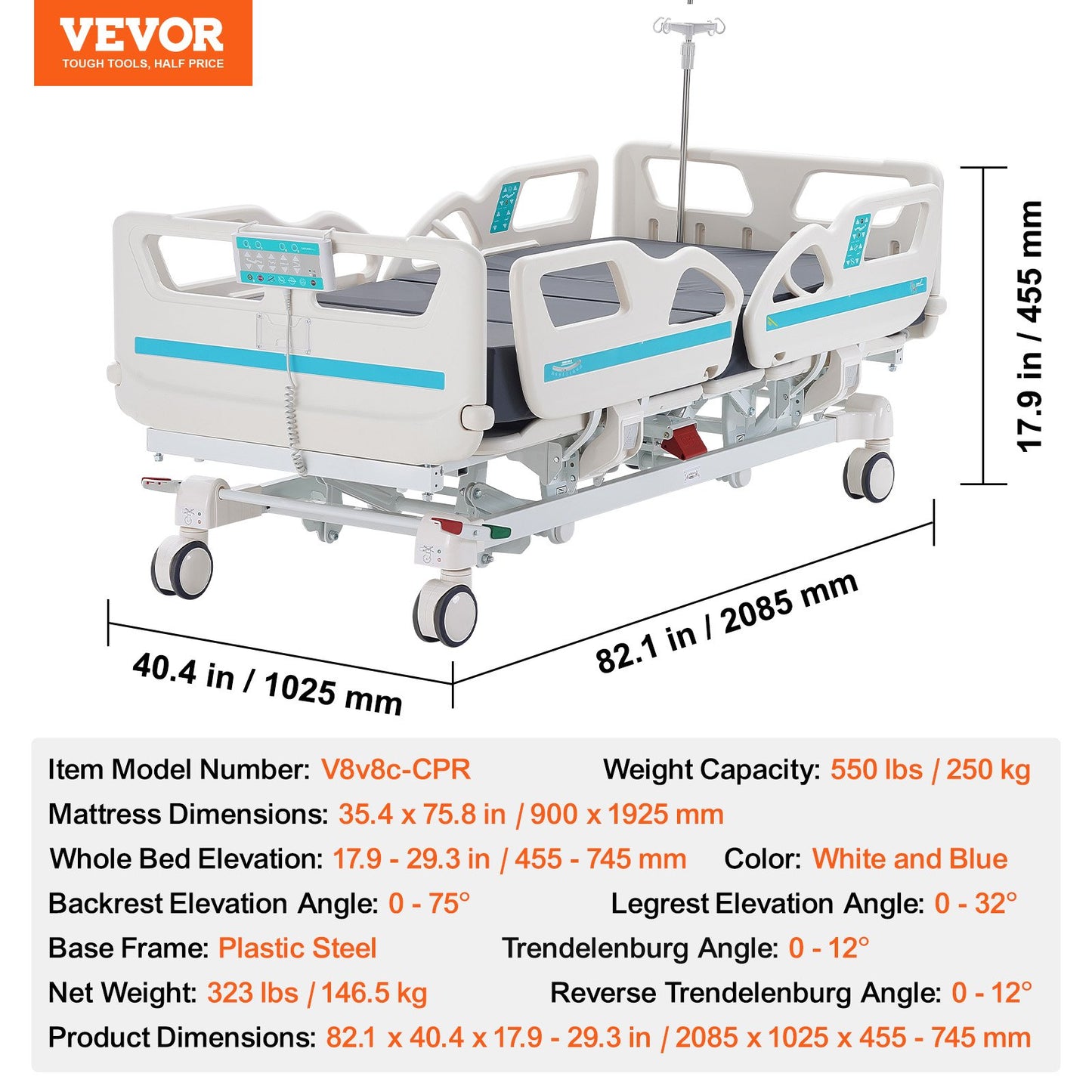 Premium 5 Function Full Electric Hospital Bed with Cardiac Position 249.5 kg