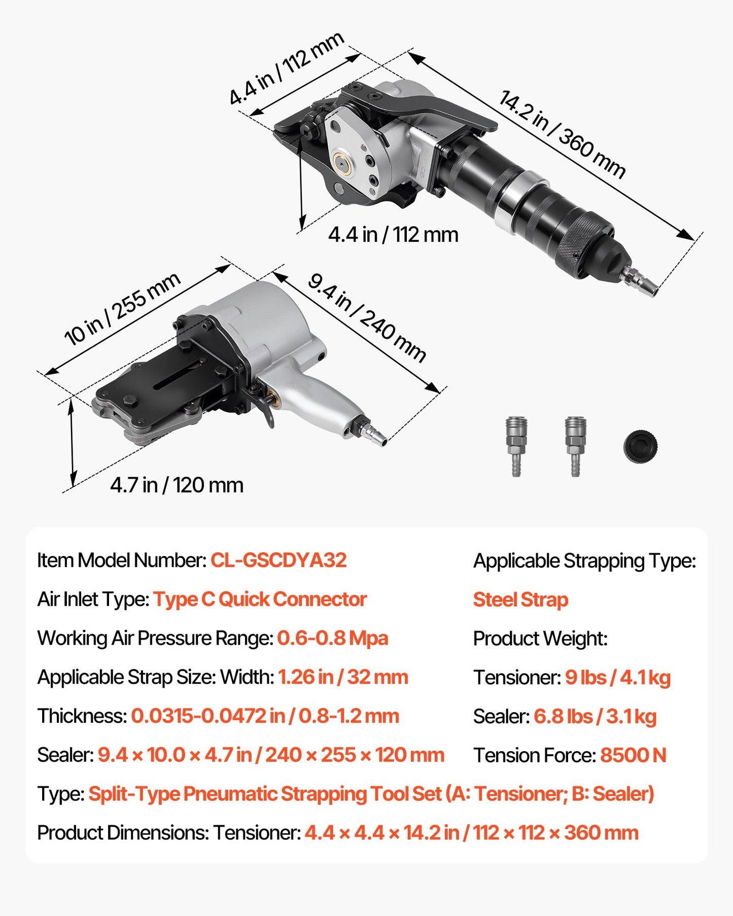 Pneumatic Steel Strapping Machine, 8500 N Tension Force, Metal Strapping Tool Tensioner and Cutter Sealer for 32 mm Width Metal Belt, Heavy Duty Split Type Baler for High Tensile Packaging