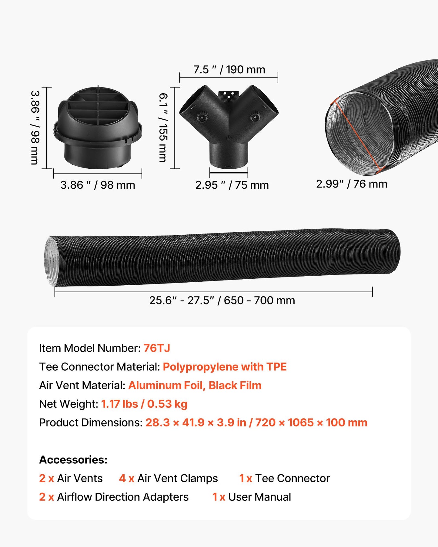 Diesel Heater Pipe Duct Vent Kit, 75mm Heater Pipe Warm Air Outlet Vent Set with Y-Shaped Connector & Air Duct Clamps, Parking Heaters Air Ducts Vent Kit for 2KW 5KW 8KW Diesel Heaters, Black