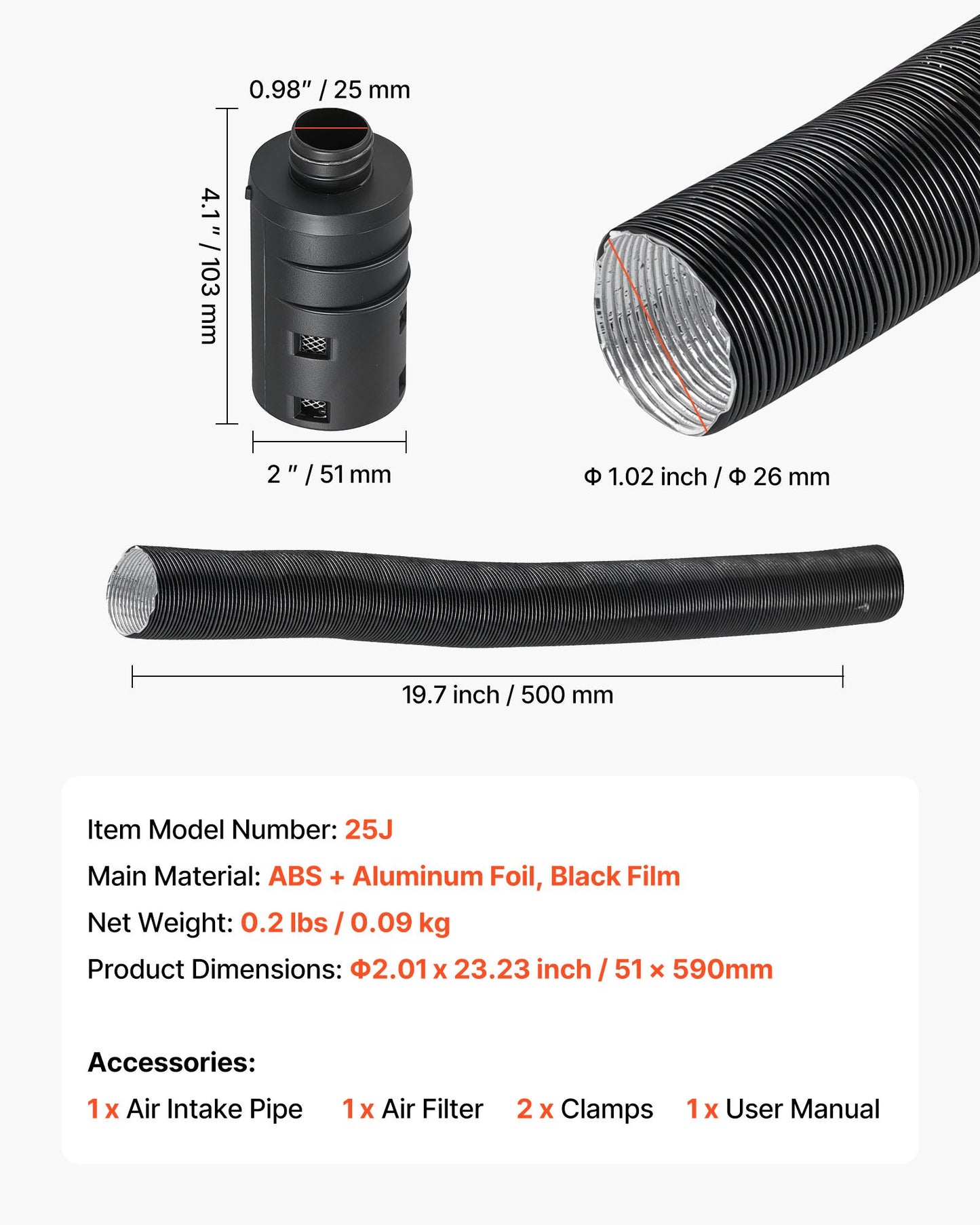 Diesel Heater Intake Pipe Kit, 25mm Car Air Parking Heater Ducting Pipe Hose Tube, Stretchable & Bendable Car Air Intake Filter Silencer Hose Pipes Kit with Clamps for 2KW 5KW 8KW Diesel Heaters