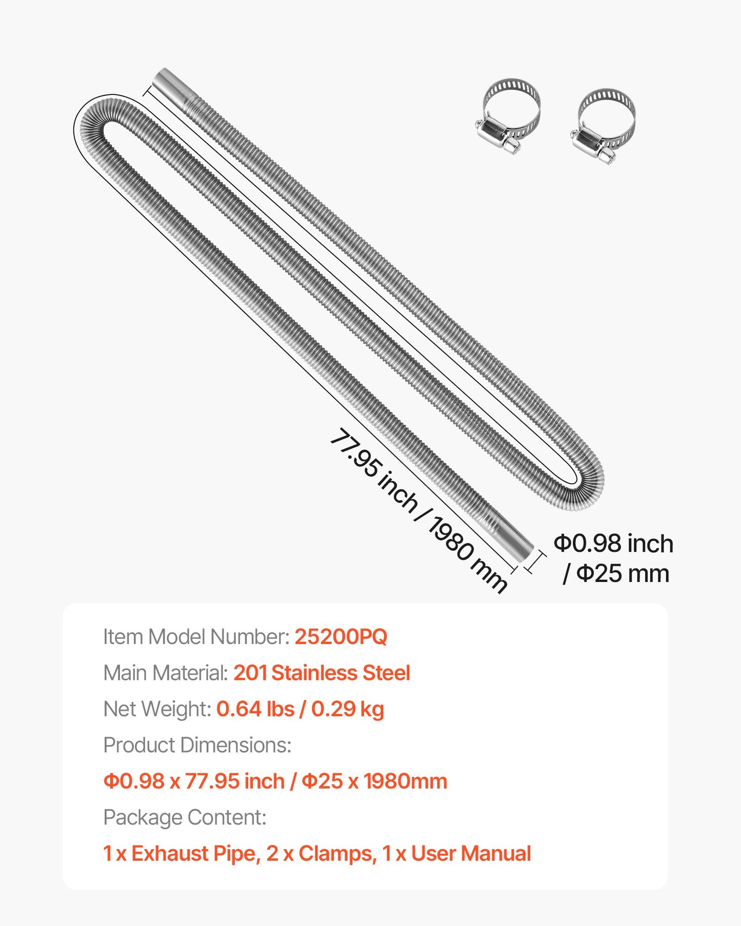 Avgasslang, 1980 mm avgasslang i rostfritt stål, flexibelt avgasrör för dieselvärmare med 2 slangklämmor, avgasslangsats, tillbehör till dieselvärmare för 2KW, 5KW, 8KW dieselvärmare