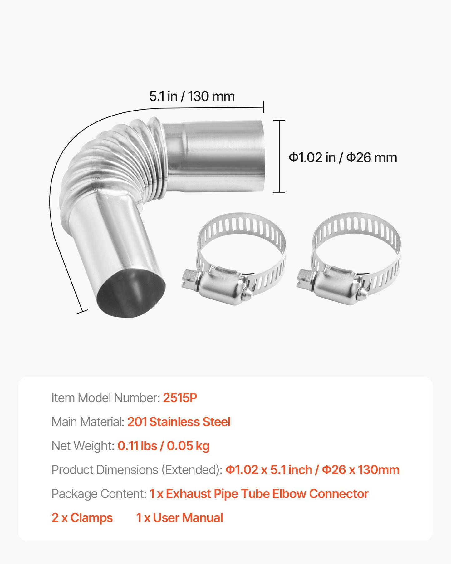 Exhaust Pipe Tube Elbow Connector, 25mm Diesel Heater Exhaust Elbow, Air Parking Heater Exhausts Pipe Tube Elbows Connector 2 Clamps for 2KW 5KW 8KW Diesel Heater, 201 Stainless Steel, Silver