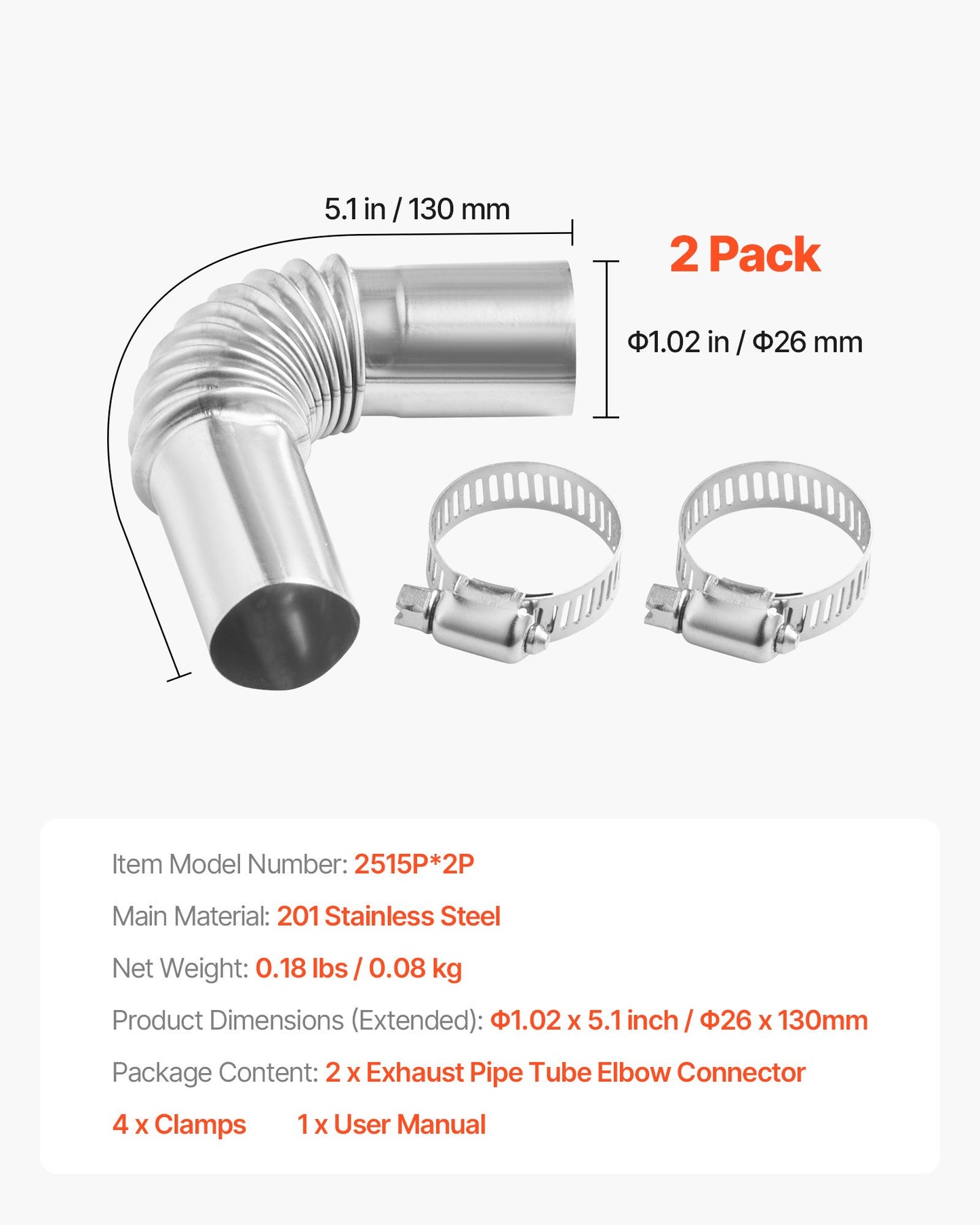 Avgasrörsböjkoppling, 25 mm dieselvärmare avgasböj, vindtätt lock i rostfritt stål för gasvattenvärmare med 4 klämmor för 2KW 5KW 8KW dieselvärmare, dieselvärmare avgasböjar