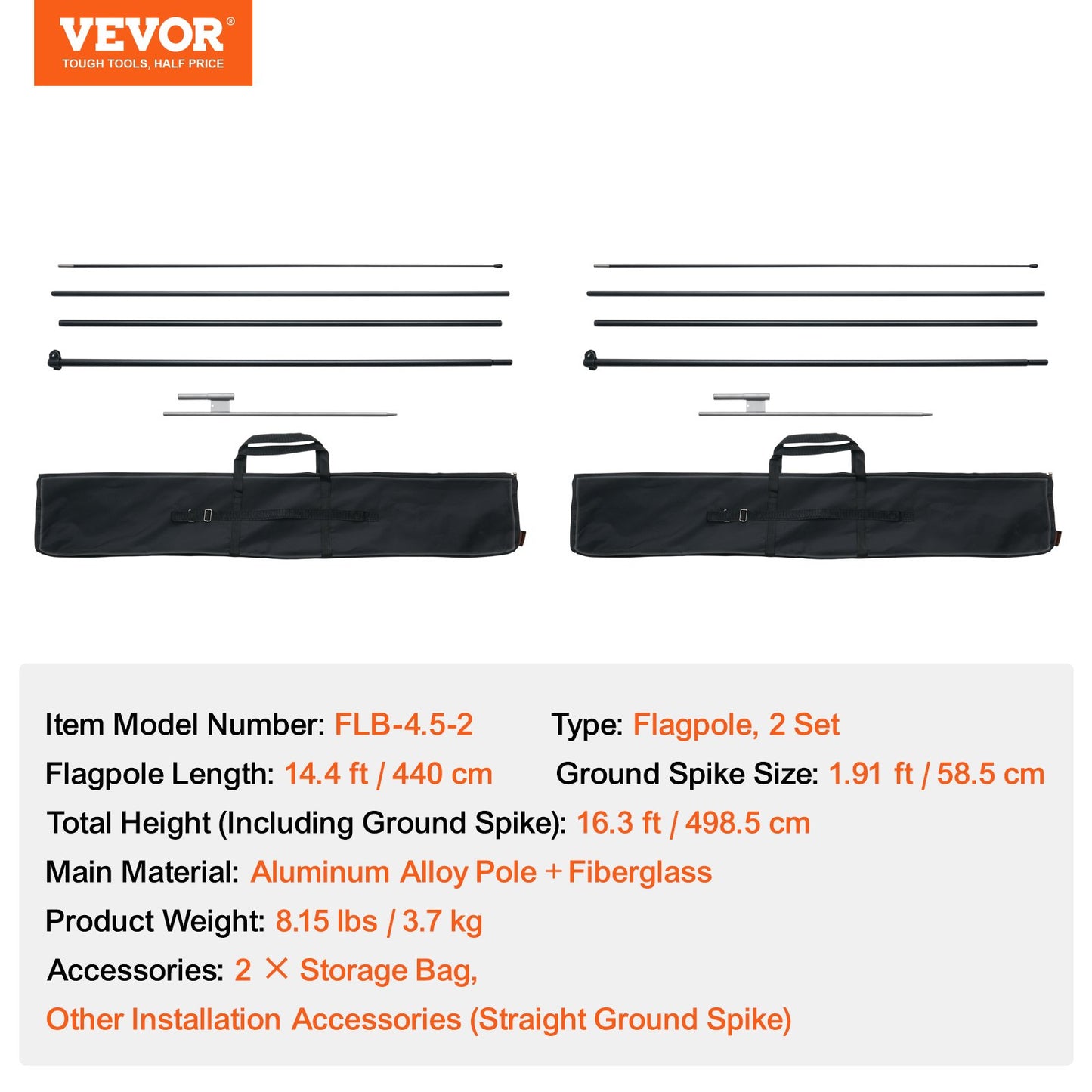 Feather Flag Pole Kit, 2 Packs Swooper Flag Pole 16.3 ft, Sign Flag Poles for Business Advertising Flags Outdoor, with Ground Stakes and A Carrying Bag (Flag Not Included)