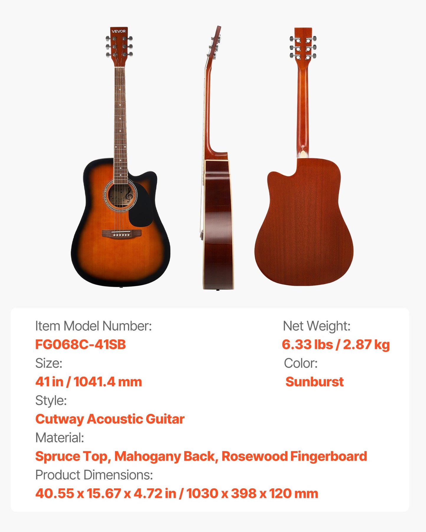 104.,4 mm (41 inch) Cutway Acoustic Guitar Beginner Bundle Gig Bag for Adult Sunburst