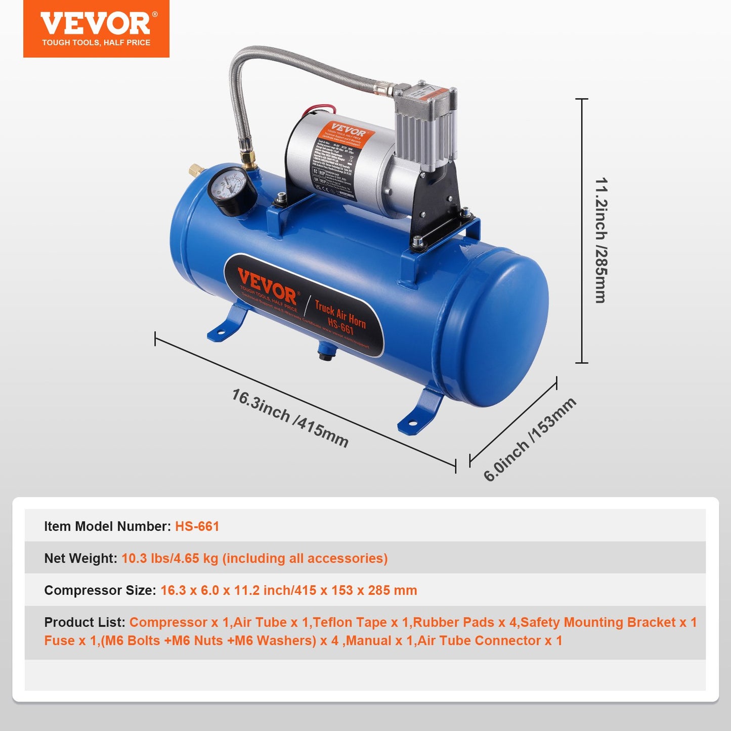 12V Air Compressor with Tank 1.6 Gallon/6 L, Train Horn Air Compressor, 120 psi Working Pressure Onboard Air Compressor System for Train Air Horns, Inflating Tires, Air Mattresses