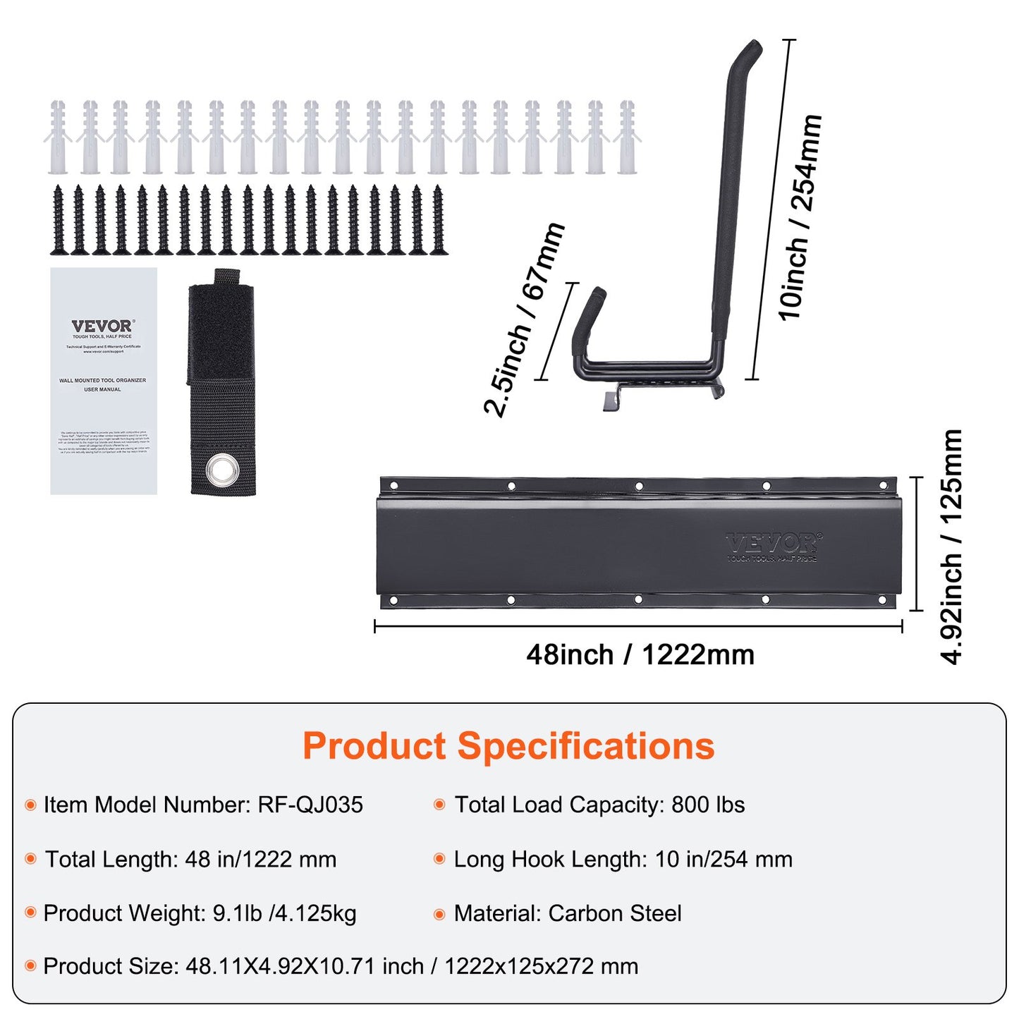 Garage Tool Organizer, 362.9 kg Max Load Capacity, Wall Mount Yard Garden Storage Rack Organization Heavy Duty with 6 Adjustable Hooks and 3 Rails, for Garden Tools, Shovels, Trimmers, and Hoses