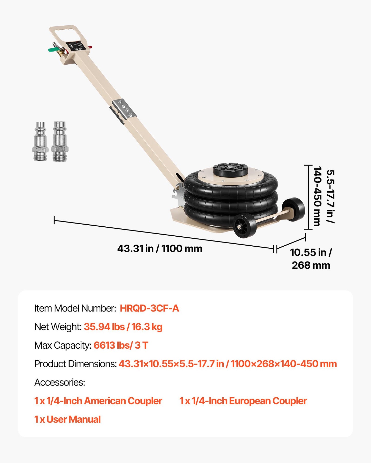 Air Jack, 3 Ton Triple Bag Air Jack, Airbag with Six Steel Pipes, Lift Up to 450 mm, 1-6 s Fast Lifting Pneumatic with Adjustable Long Handle & Rubber Pad for Cars, SUVs, Pickup Trucks Repair
