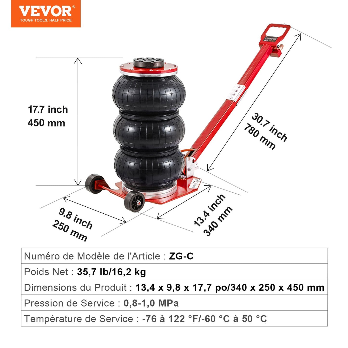 Air Jack, 3 Ton/3000 kg Triple Bag Air Jack, Airbag Jack with Six Steel Pipes, Lift up to 44.9 cm, 3-5 s Fast Lifting Pneumatic Jack, with Adjustable Long Handle for Cars, Garages, Repair (Red)