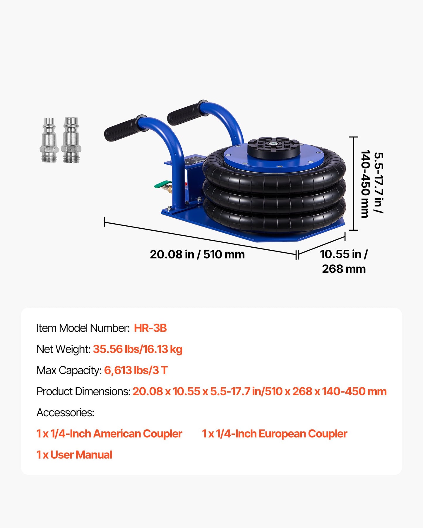 Air Jack, 3 Ton Triple Bag Air Jack, Airbag with Six Steel Pipes, Lift Up to 450 mm, 1-6 s Fast Lifting Pneumatic with Short Handles & Rubber Pad for Cars, SUVs, Pickup Trucks Repair, Garage