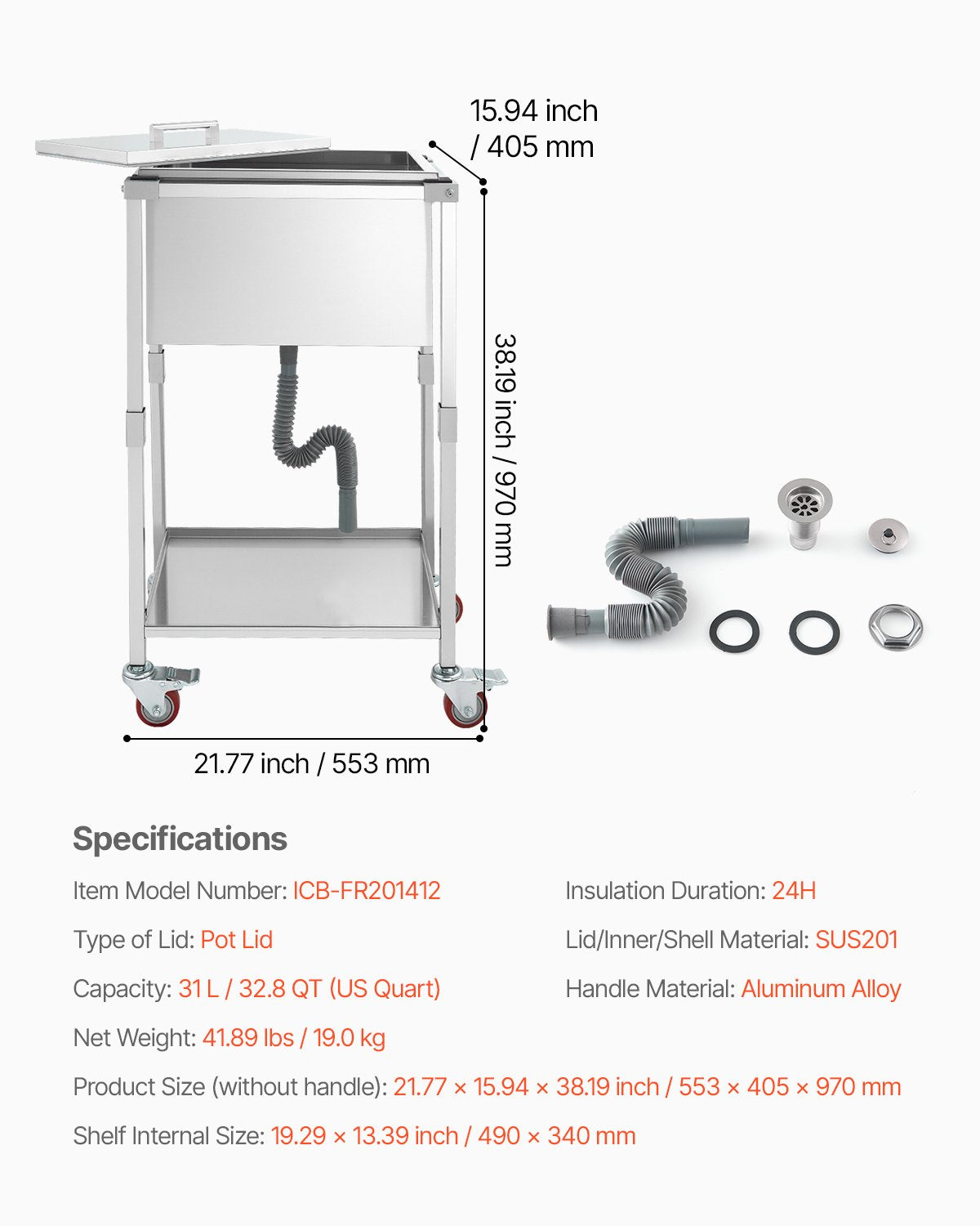 Rullande kylboxvagn, 553 x 405 x 970 mm, kylbox i rostfritt stål på hjul, 31 liters stående kylvagn för utomhusbruk med hyllplan, för uteplats, bakgård, festbar