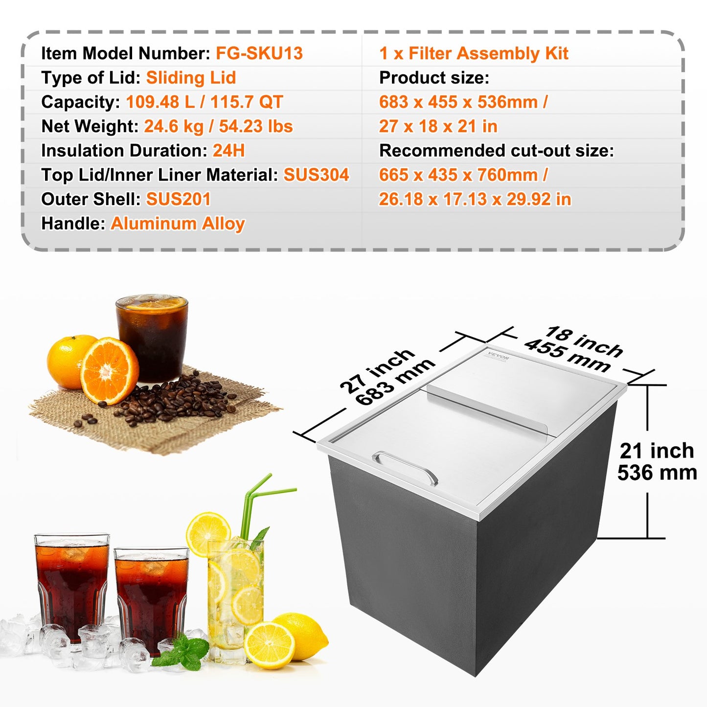 Drop in Ice Chest, 27"L x 18"W x 21"H Stainless Steel Ice Cooler, Commercial Ice Bin with Sliding Cover, 40.9 qt Outdoor Kitchen Ice Bar, Drain-pipe and Drain Plug Included, for Cold Wine Beer