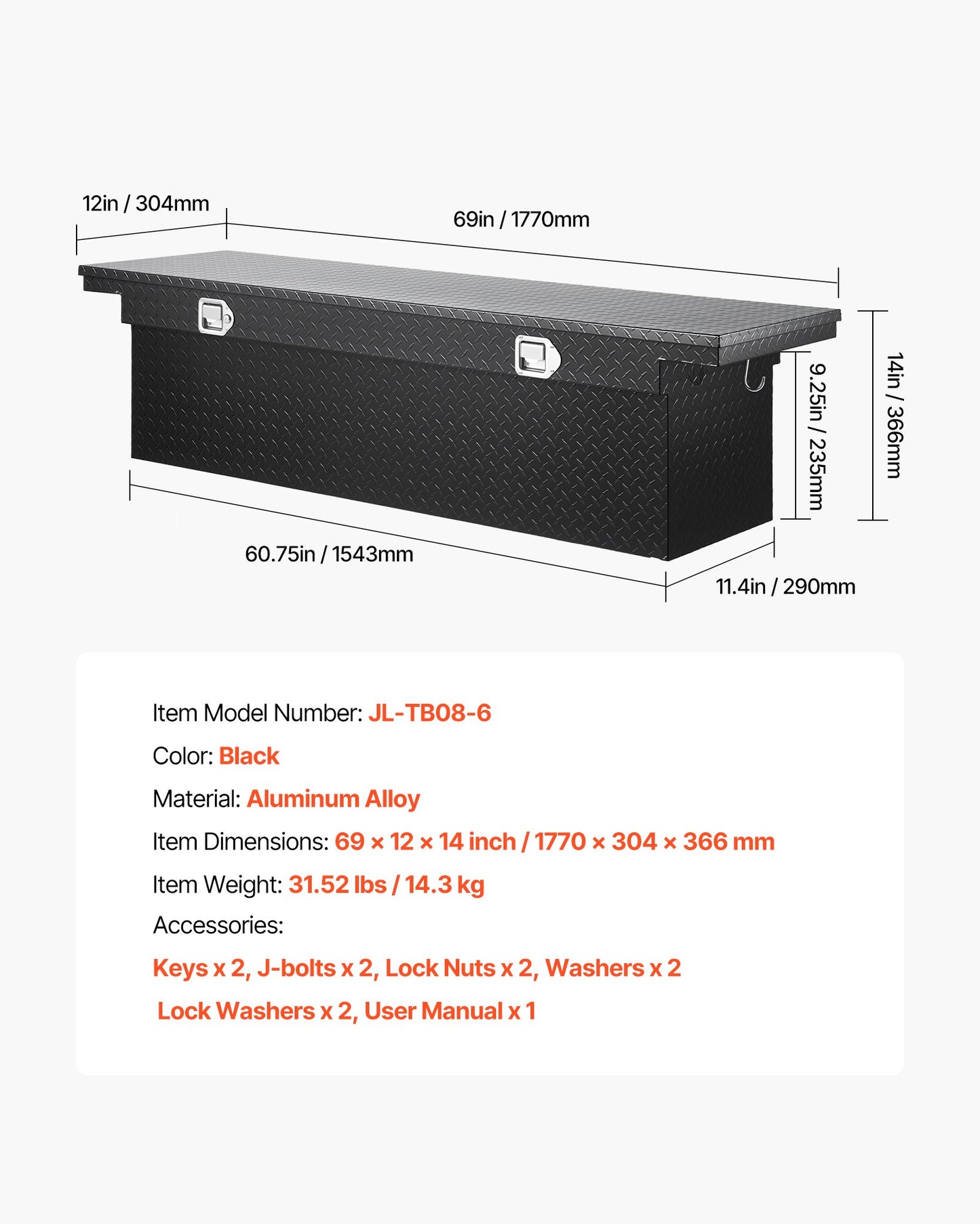Crossover Truck Tool Box, 69x12x14 In, Heavy Duty Aluminum Toolbox with Diamond Texture, Pick Up Truck Bed RV Trailer Toolbox, Waterproof Storage Organizer with Lock, Keys, Side Handles, Black