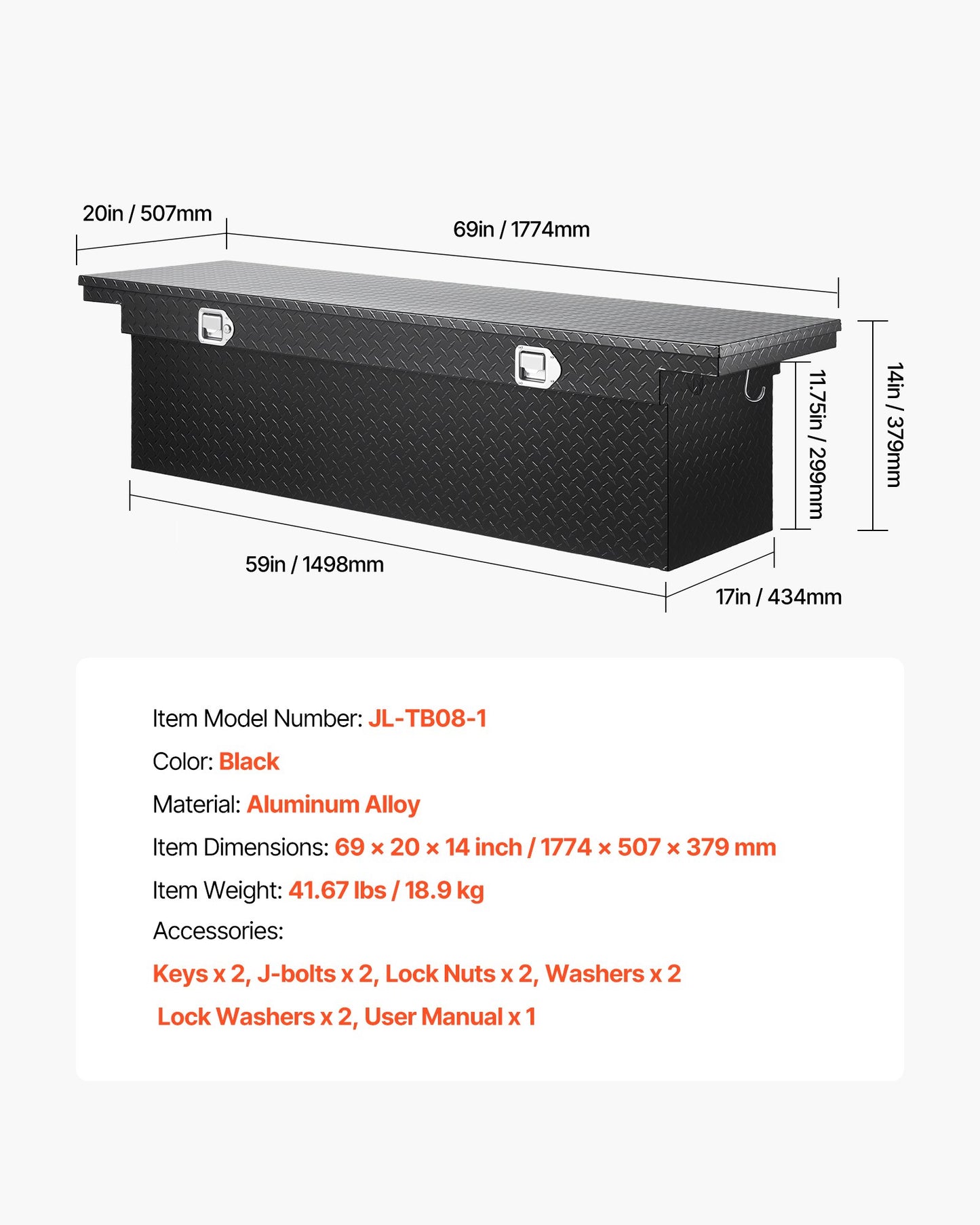 Crossover Truck Tool Box, 69x20x14 In, Heavy Duty Aluminum Toolbox with Diamond Texture, Pick Up Truck Bed RV Trailer Toolbox, Waterproof Storage Organizer with Lock, Keys, Side Handles, Black
