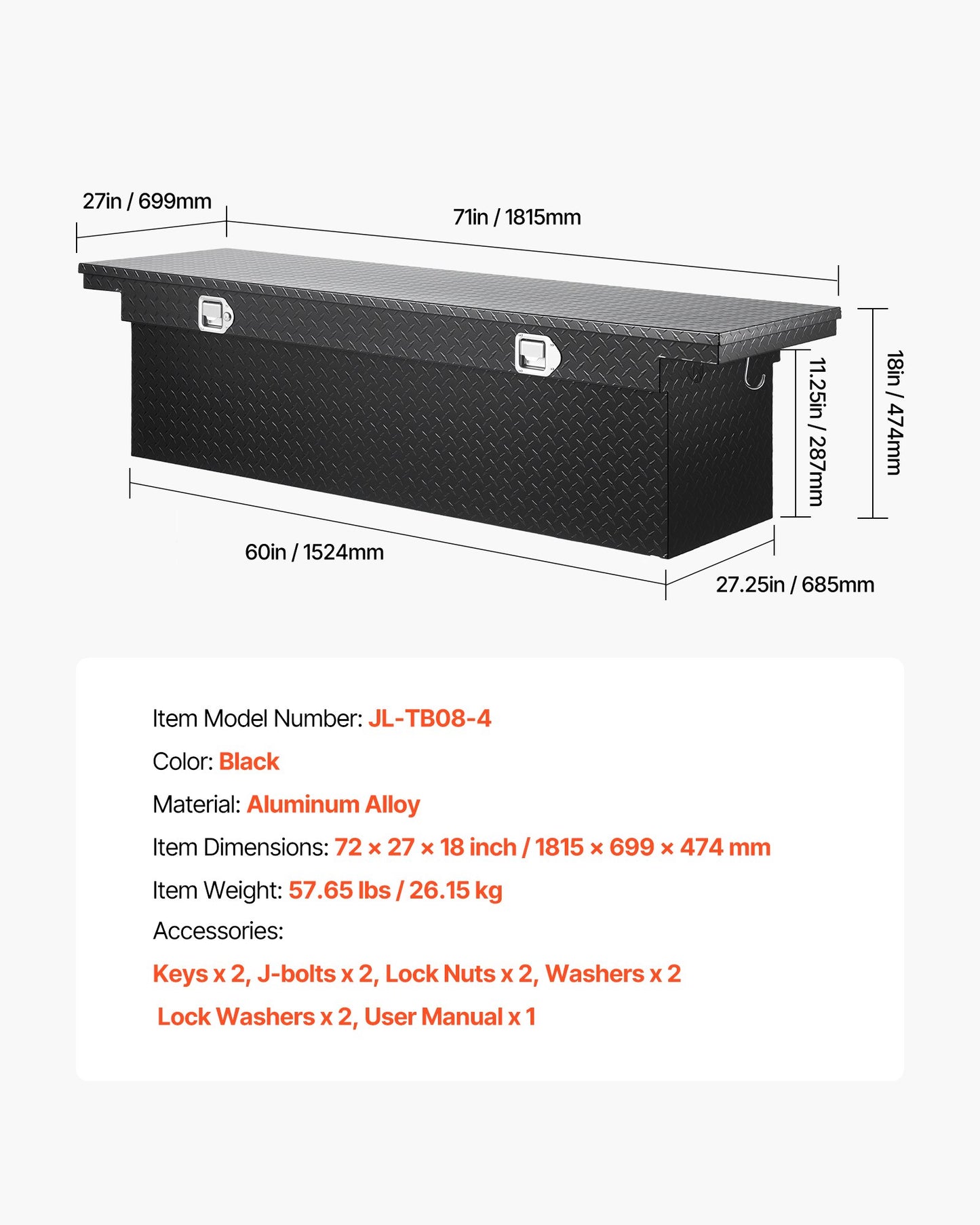 Crossover Truck Tool Box, 71x27x18 In, Heavy Duty Aluminum Toolbox with Diamond Texture, Pick Up Truck Bed RV Trailer Toolbox, Waterproof Storage Organizer with Lock, Keys, Side Handles, Black