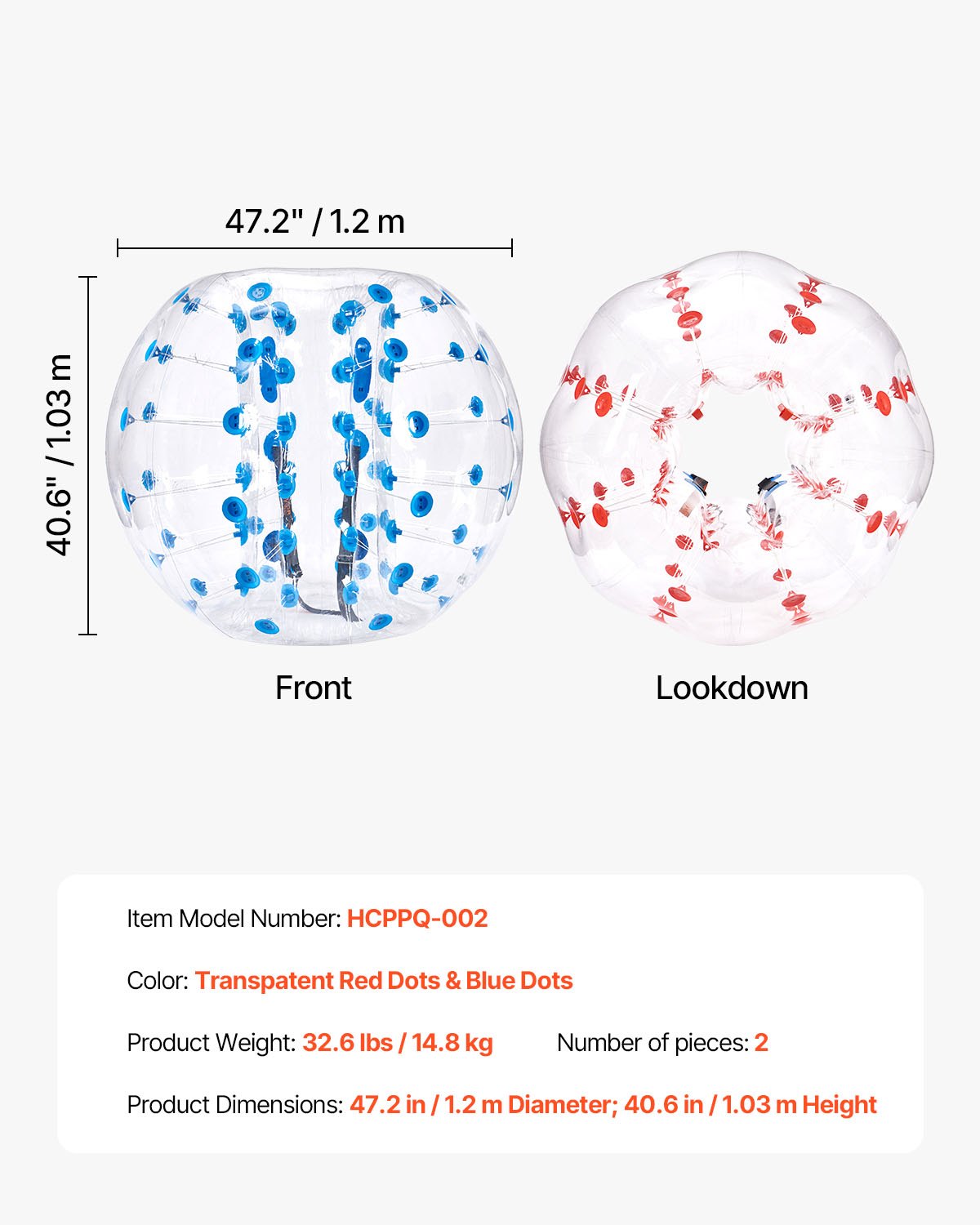 Uppblåsbara Bumper Balls 2-pack, 4FT/1.2M Body Sumo Zorb-bollar för tonåringar och vuxna, 0.8mm tjocka PVC-mänskliga hamsterbubbelbollar för utomhuslek, Bumper Bopper-leksaker för trädgård, gård, park