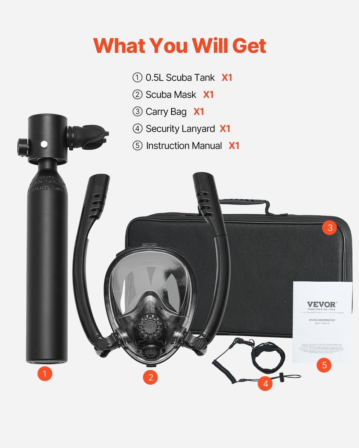 Scuba Tank, 0.5L Portable Scuba Diving Tank, Diving Oxygen Cylinder Supports 5-10 Minutes Underwater Breathing, 32.81 ft Diving Depth, Lung Tank Kit with Snorkel Mask for Underwater Exploration