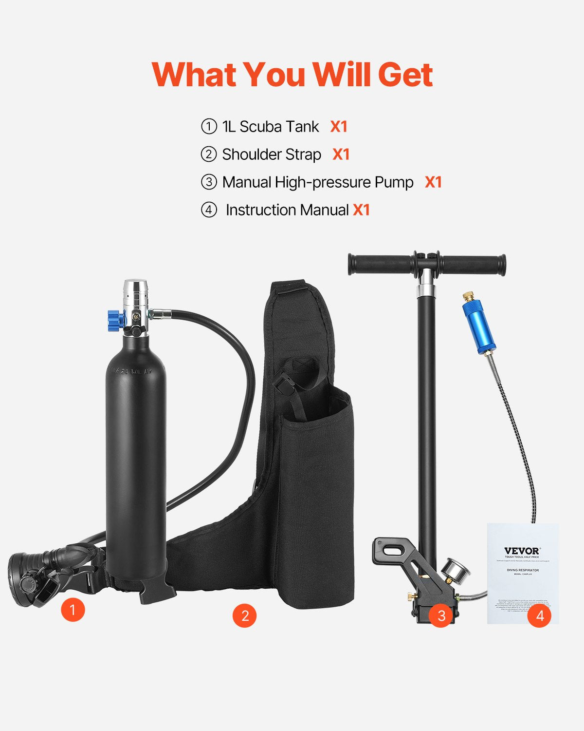 Scuba Tank, 1L Portable Diving Tank, Diving Oxygen Cylinder Support 15-20 Minutes Underwater Breathing, 98.43 ft Diving Depth, Refillable Snorkel Air Tank with Pump for Underwater Exploration