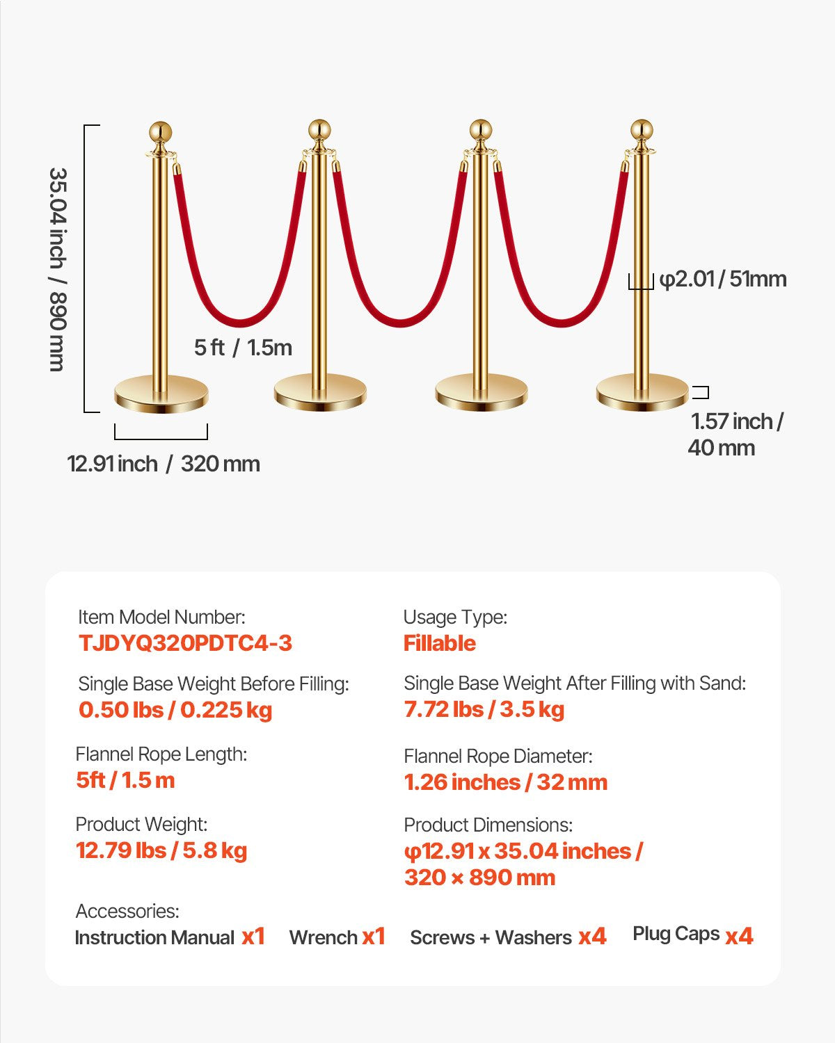 Stanchion Post, 4 Pcs Crowd Control Barrier Set with 3 Red Velvet Ropes, 5 ft Stainless Steel Gold Stanchion Post Queue with Sand Injection Hollow Base for Theater, Party, Wedding, Exhibition