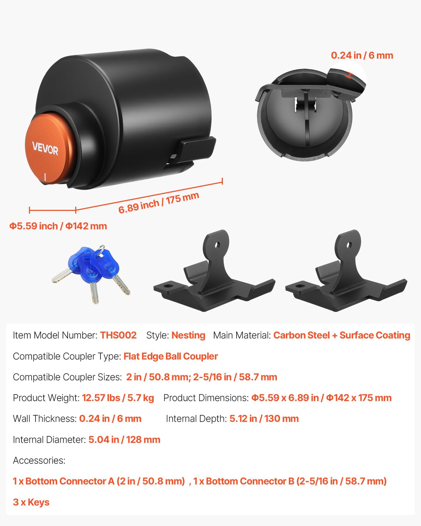 Trailer Lock, Fits 50.6 & 58.6 mm Straight Tongue Ball Couplers, Heavy Duty Hitch Lock with 3 Keys Secures Security Chains, Anti-Theft RV Trailer Tongue Locks for RV, Trailer, Boat