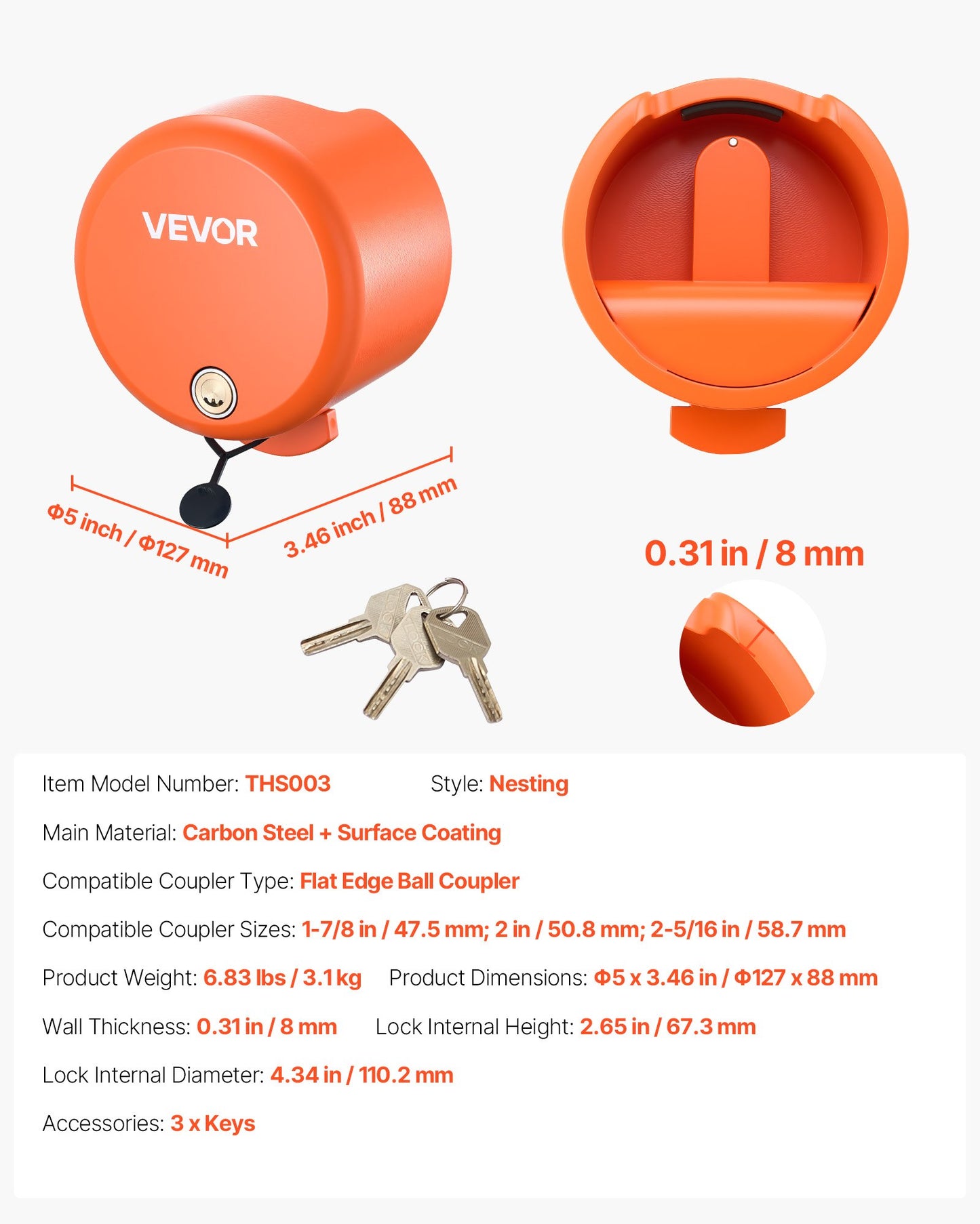Trailer Lock, Fits 47.5, 50.6 & 58.6 mm Straight Tongue Ball Couplers, Heavy Duty Hitch Lock with 4 Keys Secures Security Chains, Anti-Theft RV Trailer Locks for RV, Trailer, Boat