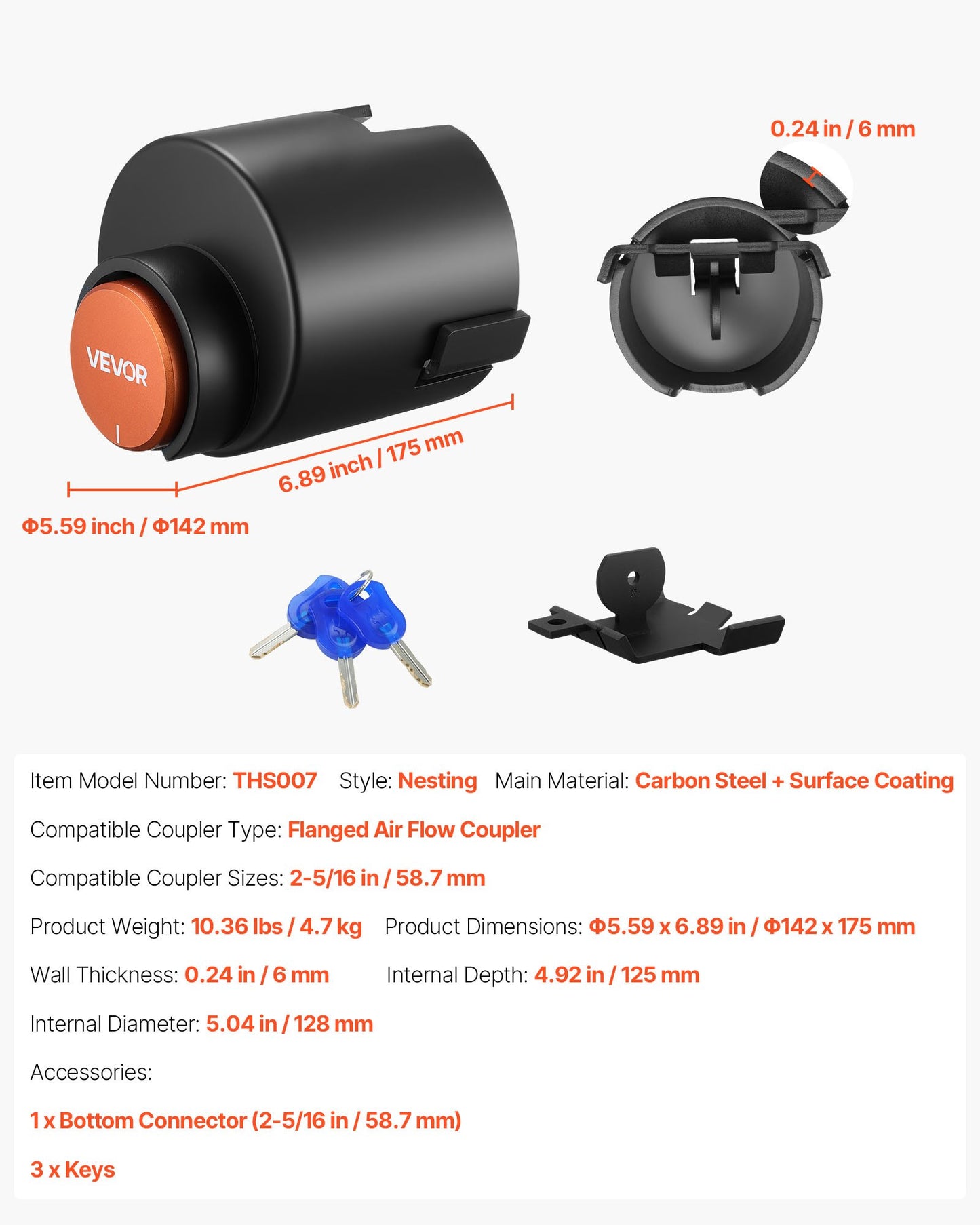 Släpvagnslås, passar 58,6 mm luftströmskopplingar, kraftigt dragkrokslås med 3 nycklar säkrar säkerhetskedjor, rostbeständigt, stöldskyddande släpvagnslås för husbil, släpvagn och båt