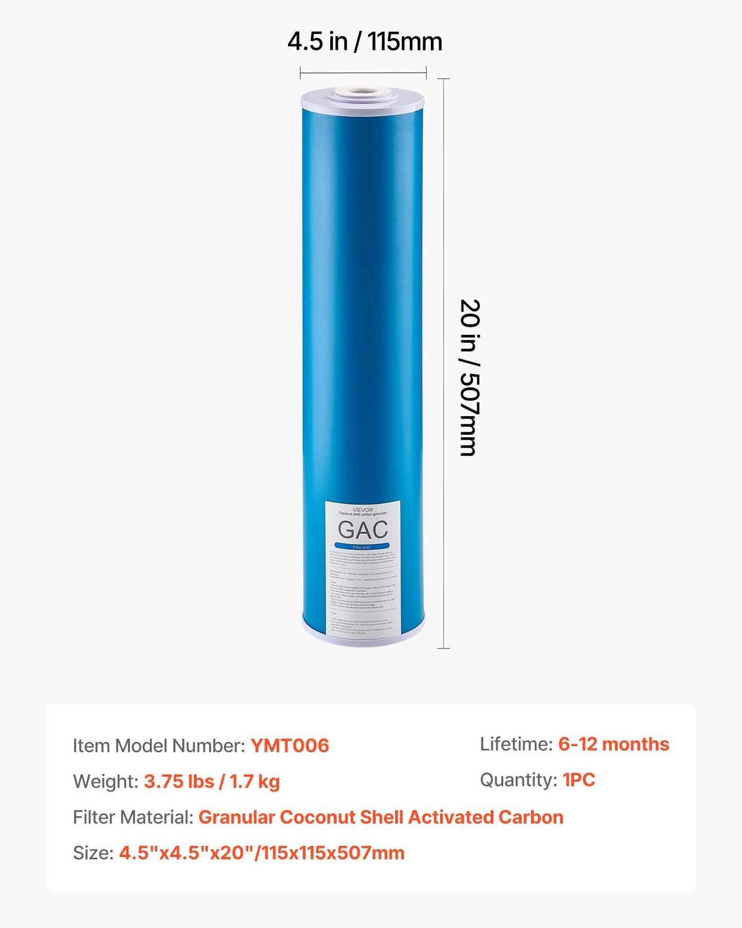 Ersättningsfilter för hela husets vattenfilter, 11 x 51 cm GAC-aktivt kol, ersättningsfilter för hela husets vattenfiltreringssystem, minskar klor, kemikalier, smaklukt