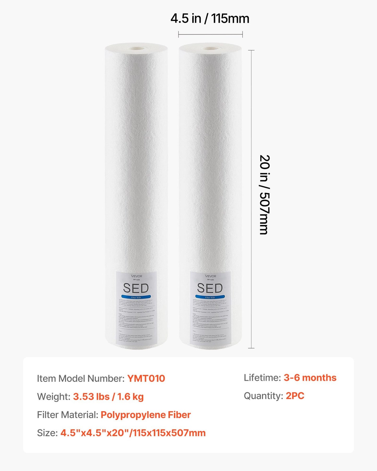 Ersättningspatron för vattenfilter för hela huset, 4,5"x20" (11x51 cm) polypropylensedimentfilter för 3-stegs vattenfiltreringssystem för hela huset, minskar sand, rost, klor, smak och lukt.
