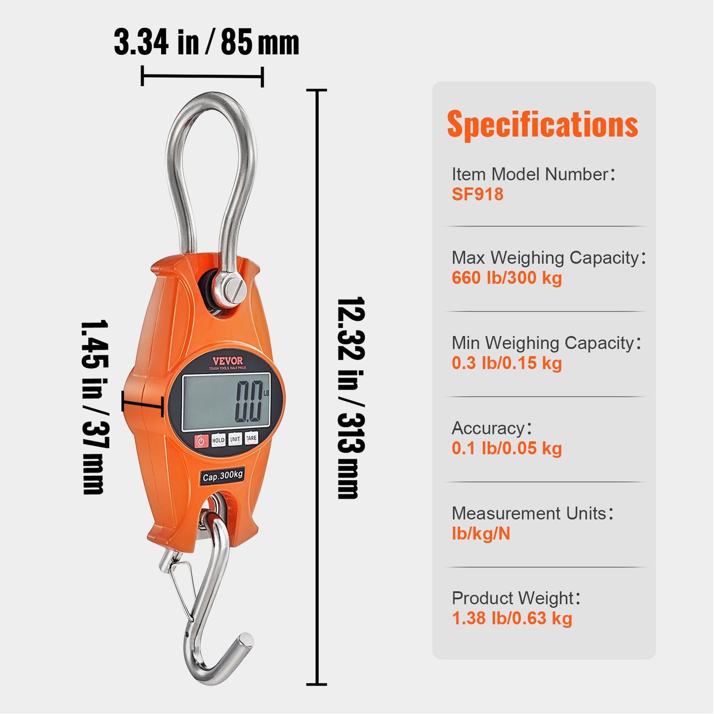 Digital Crane Scale, 660 lbs/300 kg, Industrial Heavy Duty Hanging Scale with Cast Aluminum Case & LCD Screen, Handheld Mini Crane with Hooks for Farm, Hunting, Fishing, Outdoor, Garage (Orange)