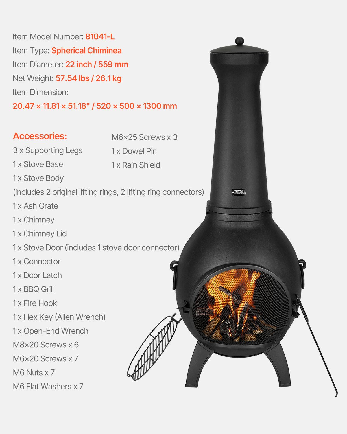 Chiminea, 22 tums vedeldad eldstad för utomhusbruk, sfärisk öppen spis för grillning och uppvärmning, eldstad i aluminium med grillnät, skorstensbeläggning och rostfritt skorstenslock, för uteplats/trädgård/bakgård