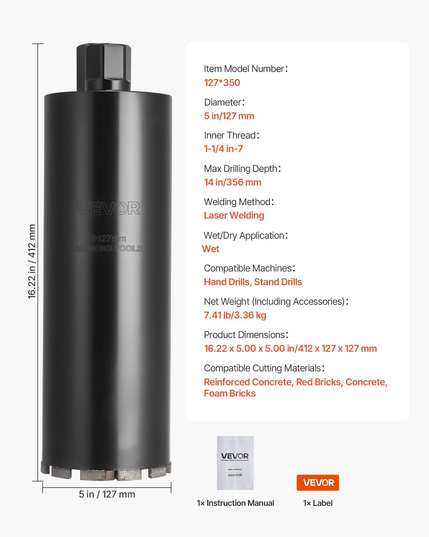 Core Drill Bit, 127 mm Diameter, 356 mm Drilling Depth, 1-1/4 in-7 Internal Thread, High-Precision Welding Technology, Wet Diamond Core Bit for Reinforced Concrete, Red Bricks, and Masonry