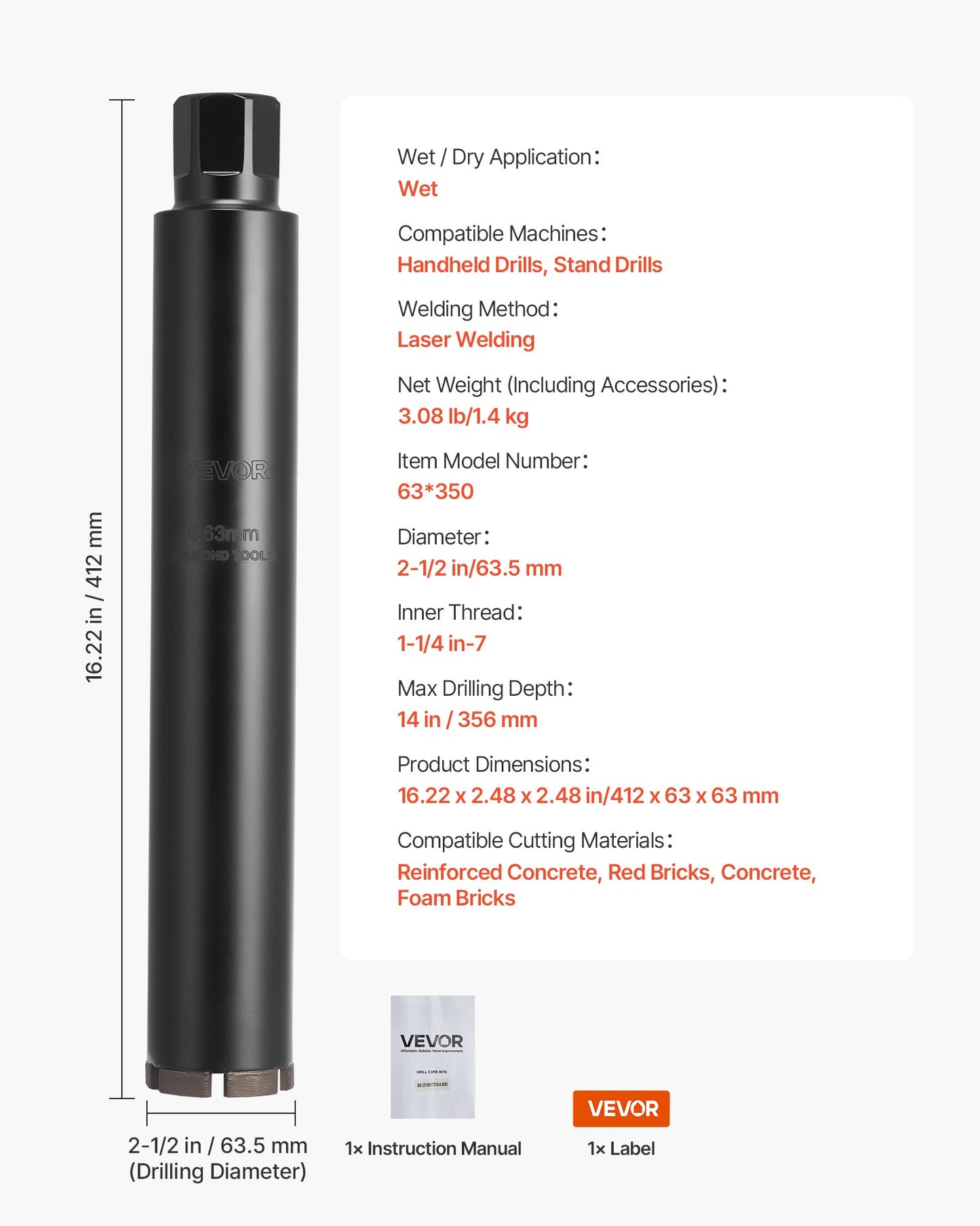 Core Drill Bit, 63.5 mm Diameter, 356 mm Drilling Depth, 1-1/4 in-7 Internal Thread, High-Precision Welding Technology, Wet Diamond Core Bit for Reinforced Concrete, Red Bricks, and Masonry