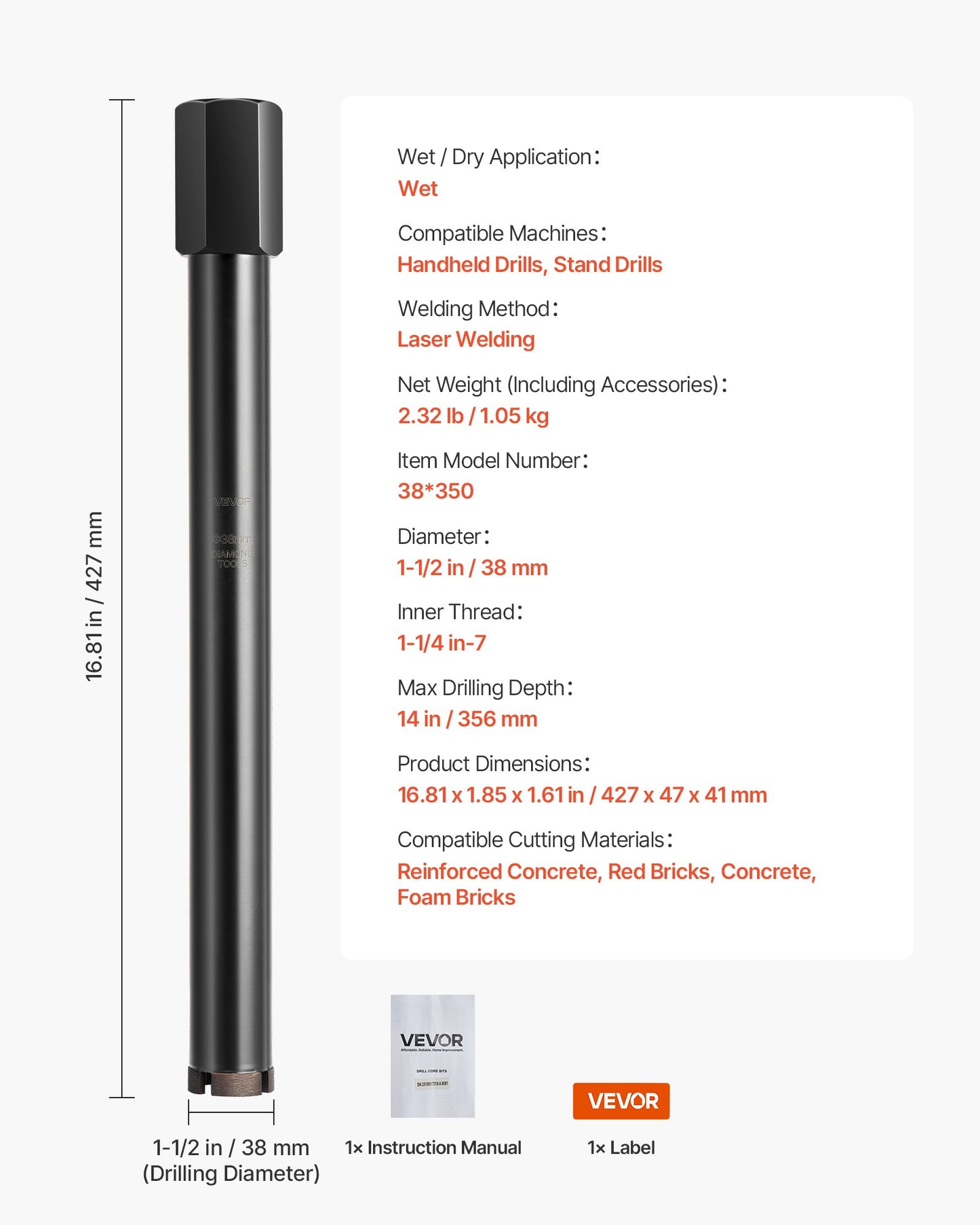 Core Drill Bit, 38 mm Diameter, 356 mm Drilling Depth, 1-1/4 in-7 Internal Thread, High-Precision Welding Technology, Wet Diamond Core Bit for Reinforced Concrete, Red Bricks, and Masonry
