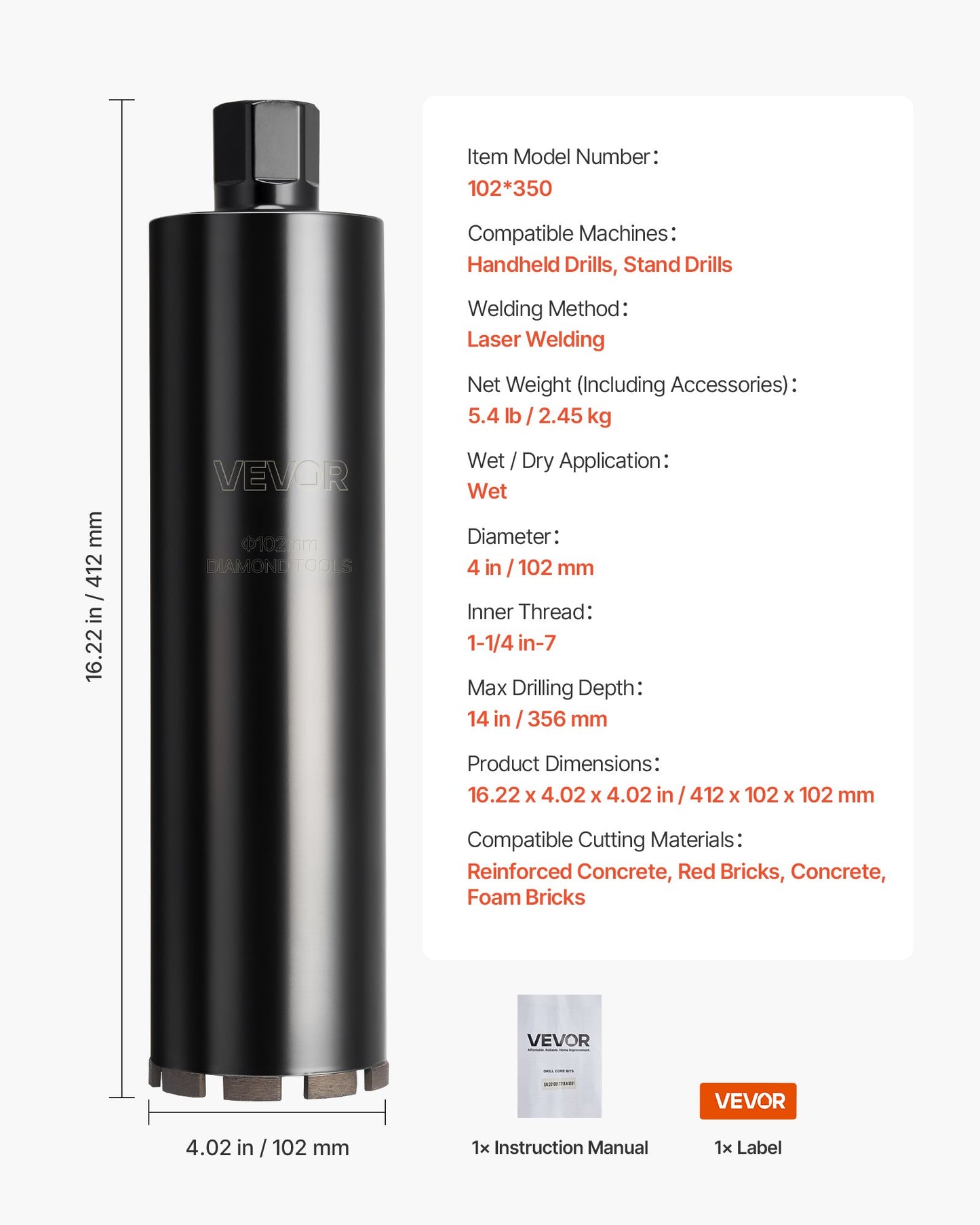 Core Drill Bit, 102 mm Diameter, 356 mm Drilling Depth, 1-1/4 in-7 Internal Thread, High-Precision Welding Technology, Wet Diamond Core Bit for Reinforced Concrete, Red Bricks, and Masonry