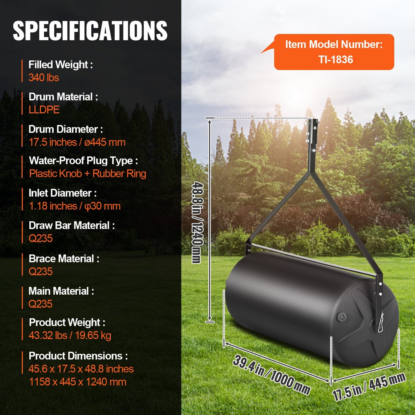 Tow Behind Lawn Roller, 400lbs Sand/Water Filled Yard Roller, LLDPE Drum and Steel Frame Sod Roller with Easy-turn Plug, Tow Behind a Tractor or ATV for Lawn, Garden, Farm, Park, Black